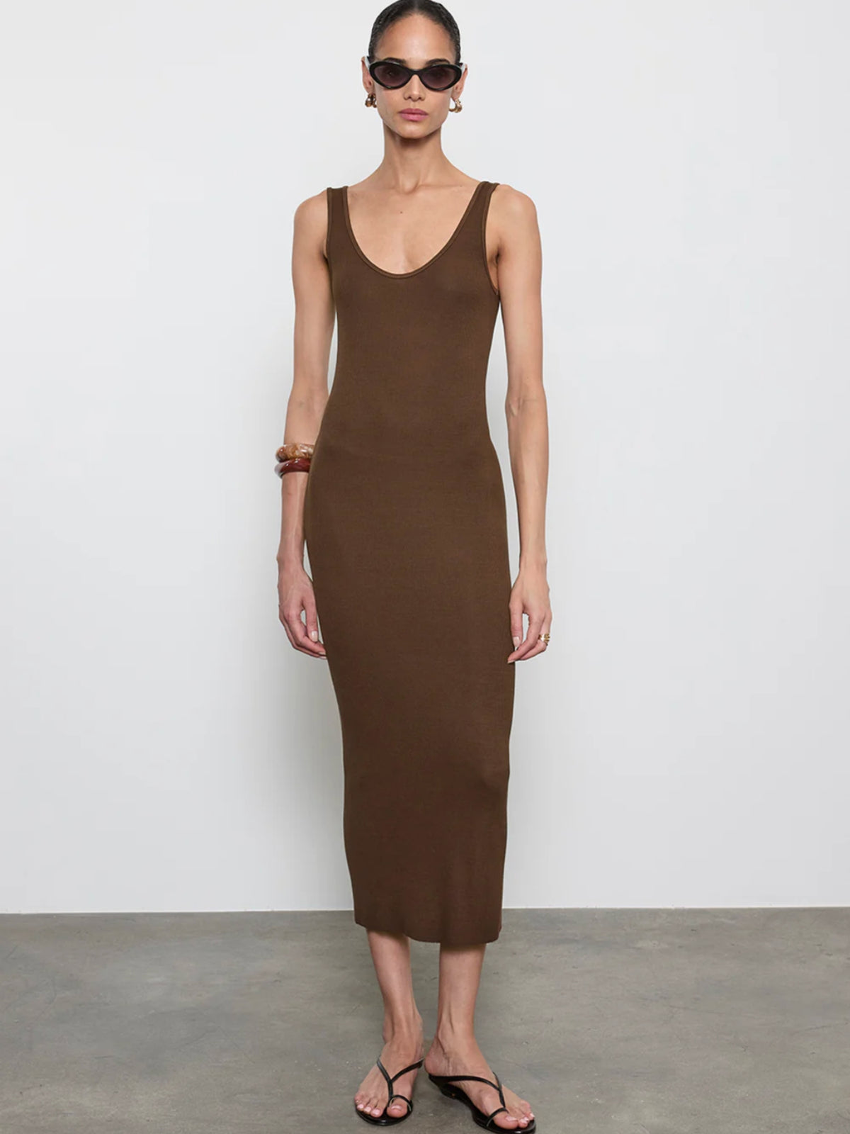Silk Rib Tank Midi Dress - Chocolate by Enza Costa — view 1