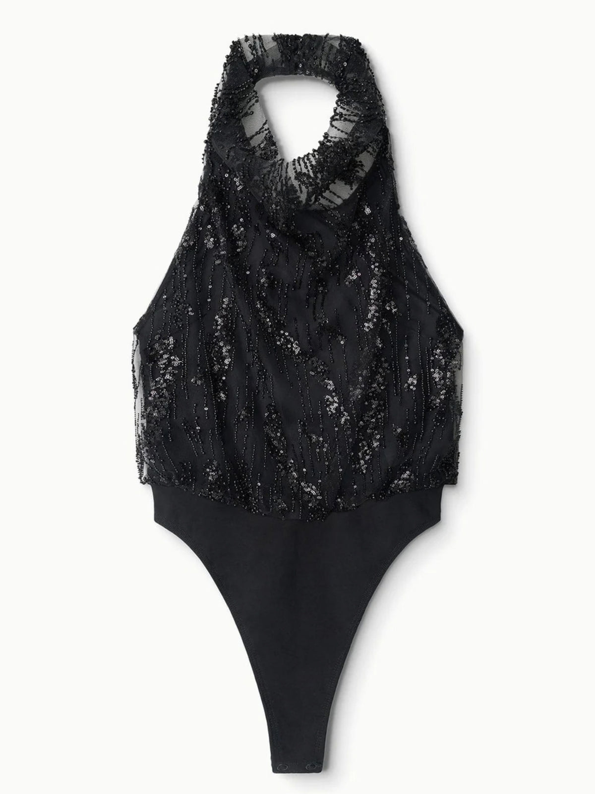 STAUD Monay Black Beaded bodysuit, product-only front view showing the halter neck