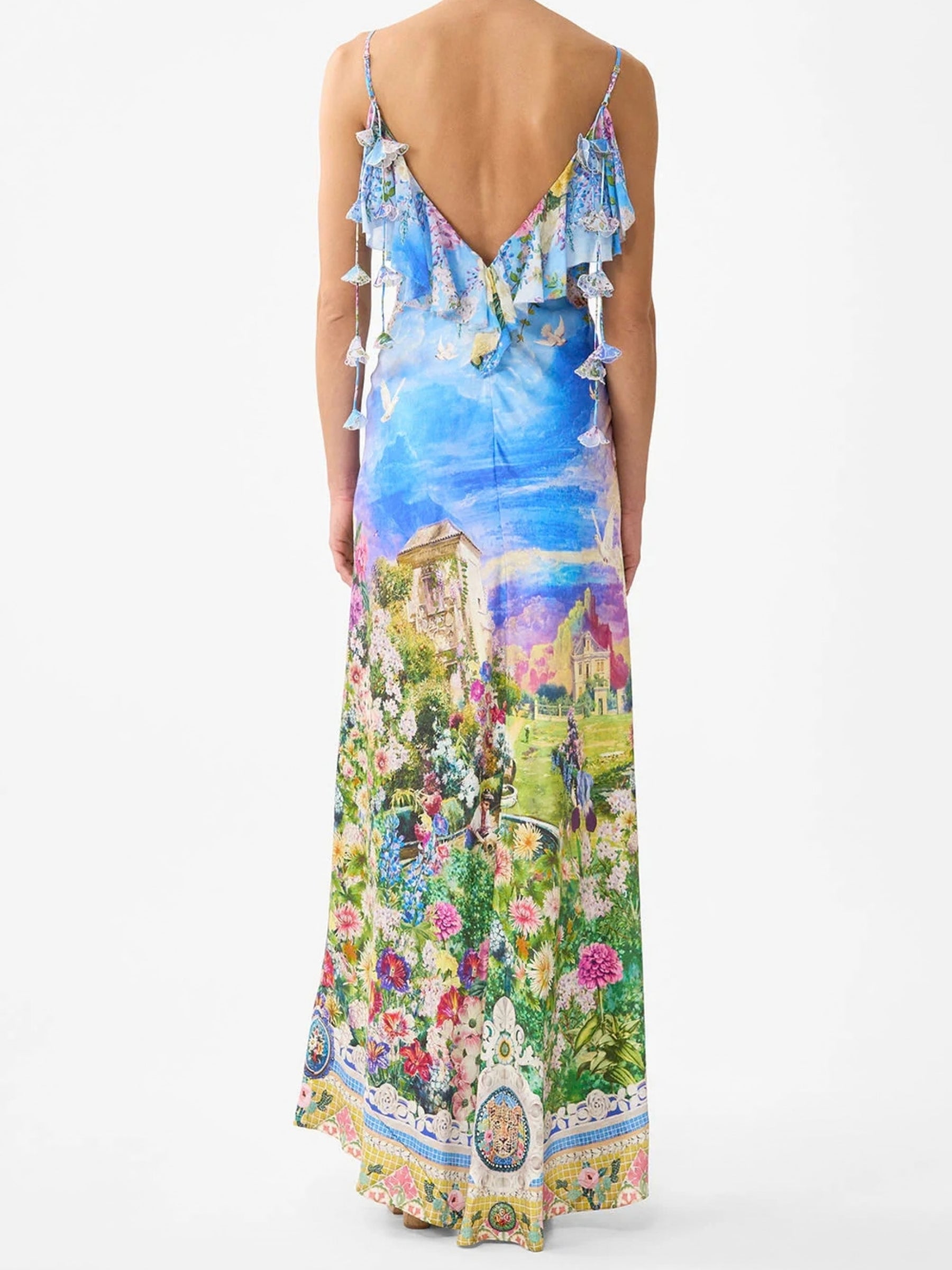 V Neck Bias Slip Dress w/ Back Frill - Navás Nouveau