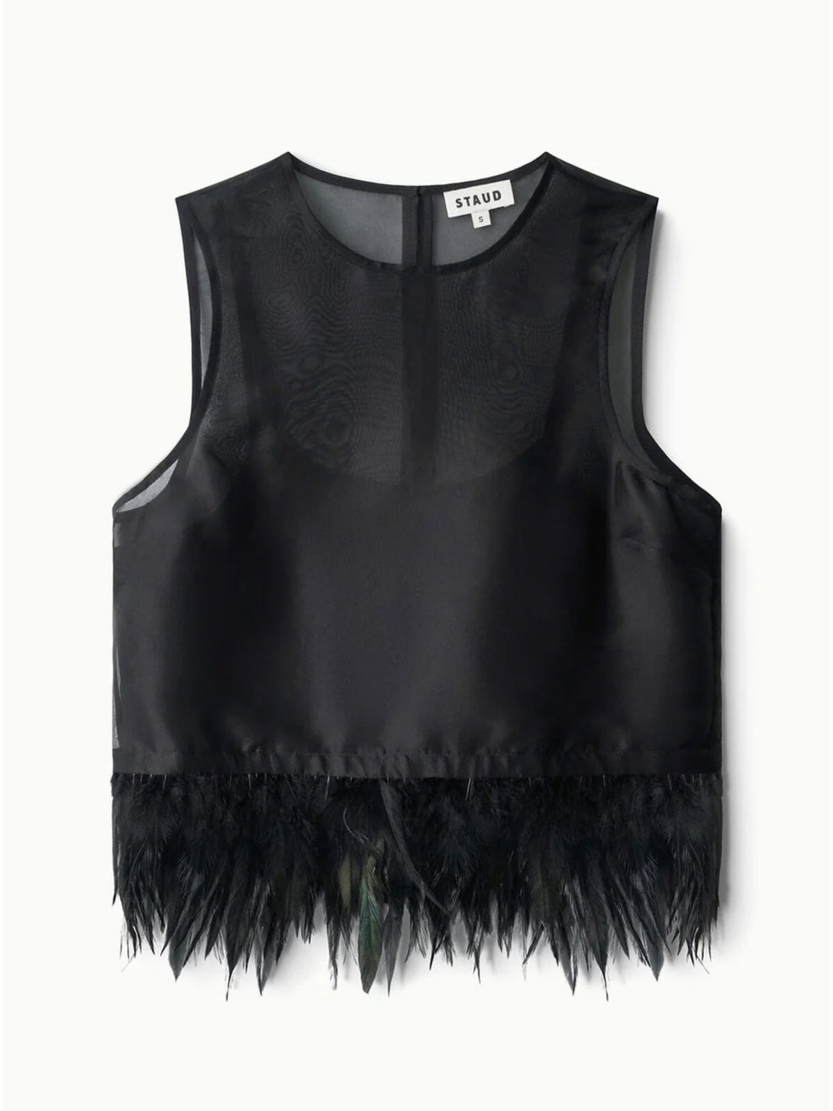 STAUD Avi Black top, product-only front view showing its sleeveless shape and fringed hem