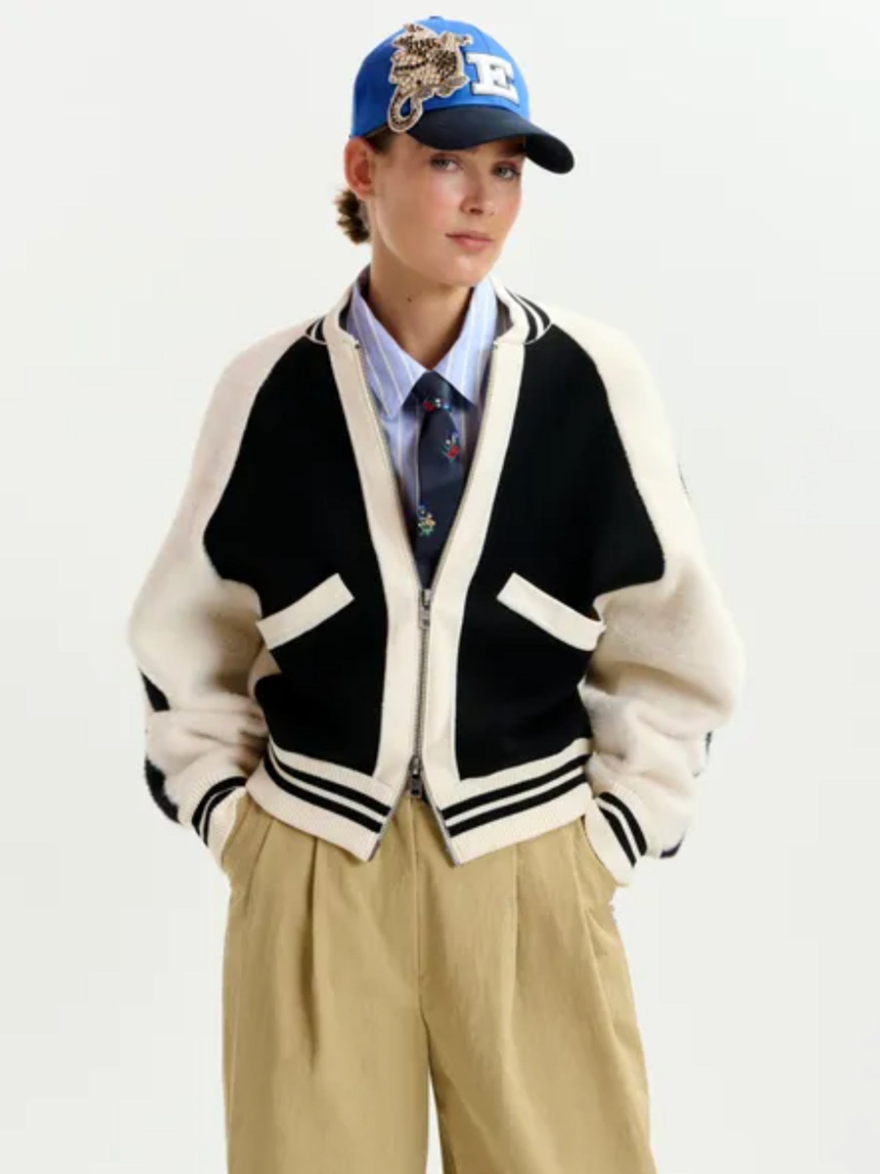 Idol Faux Fur Panel Knitted Bomber Jacket - Black/White