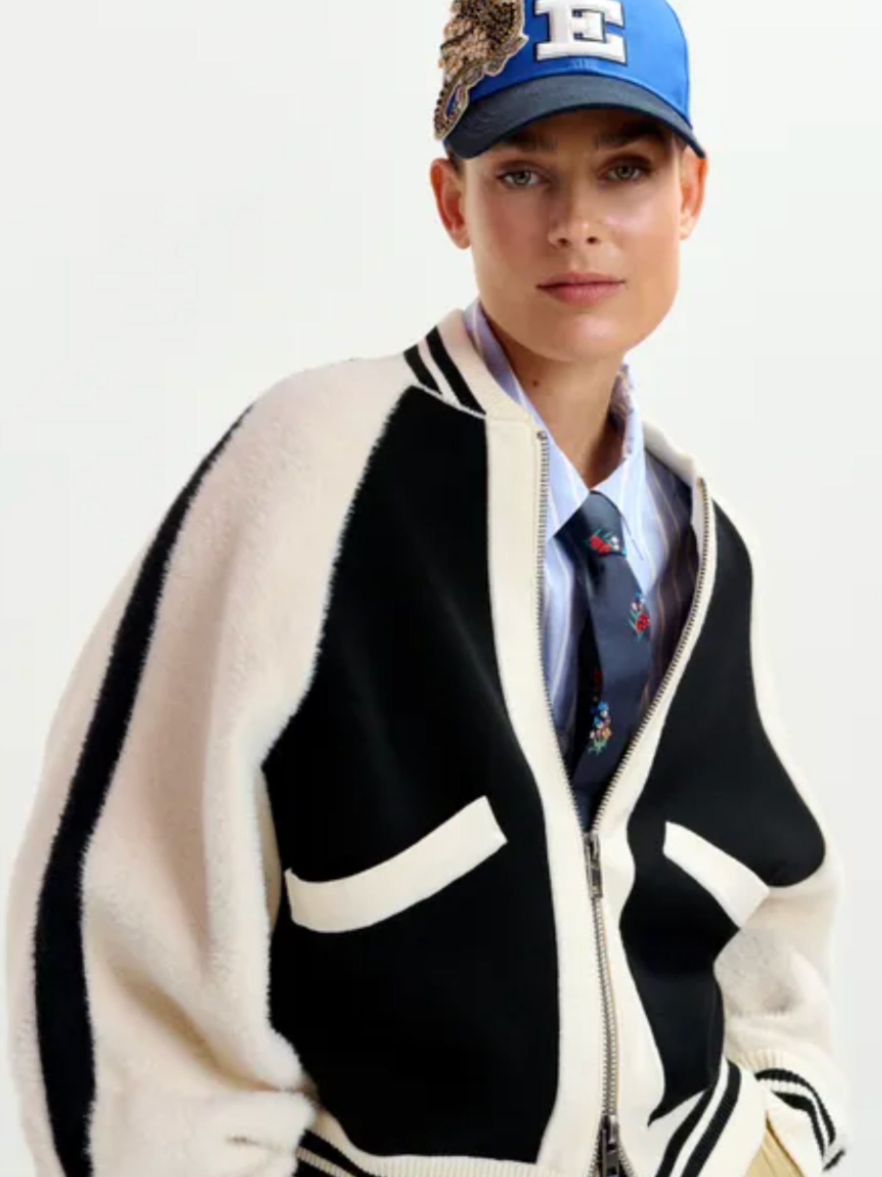Idol Faux Fur Panel Knitted Bomber Jacket - Black/White