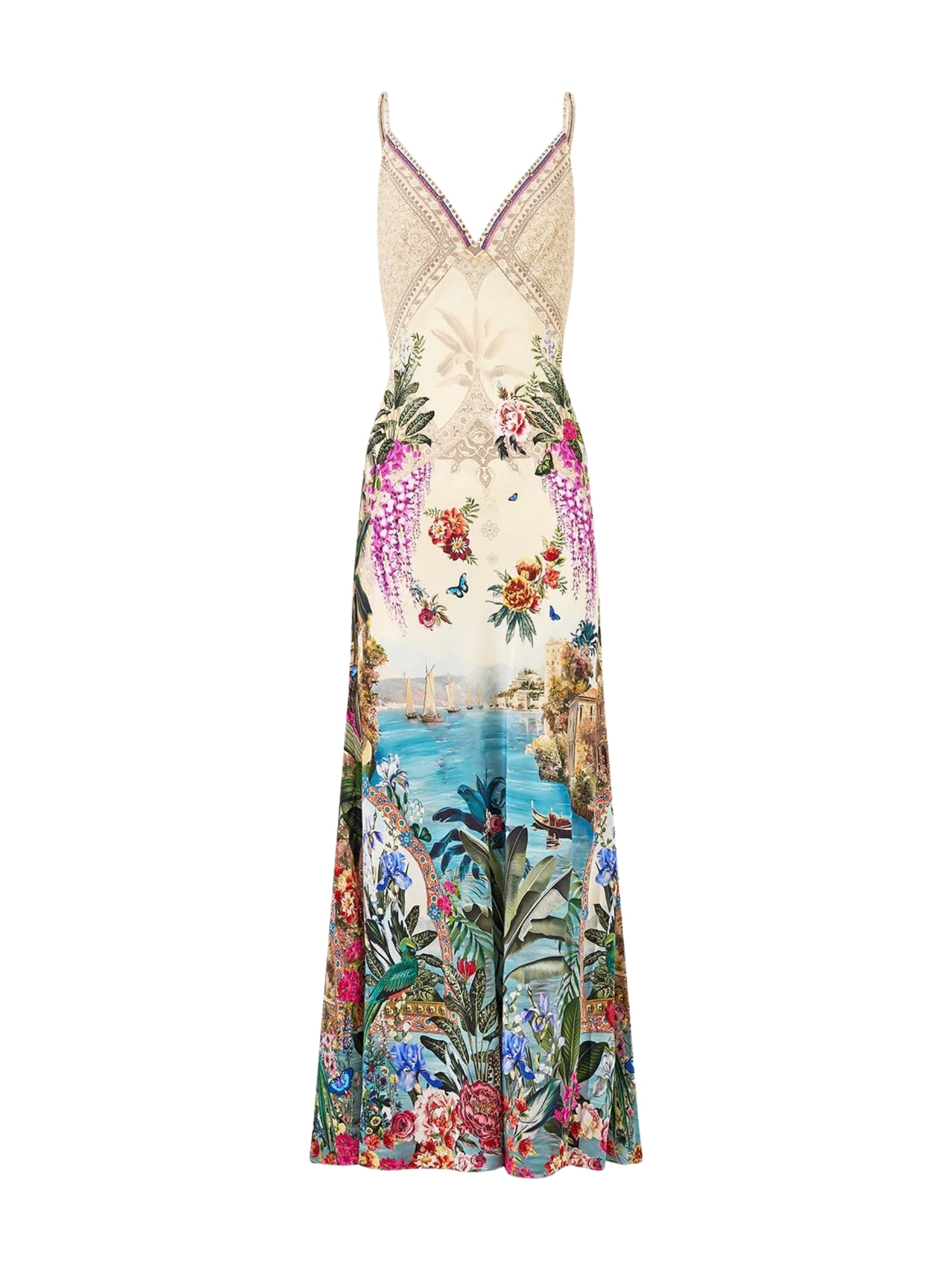 V Neck Full Length Bias Slip Dress - Bodrum Botanicals