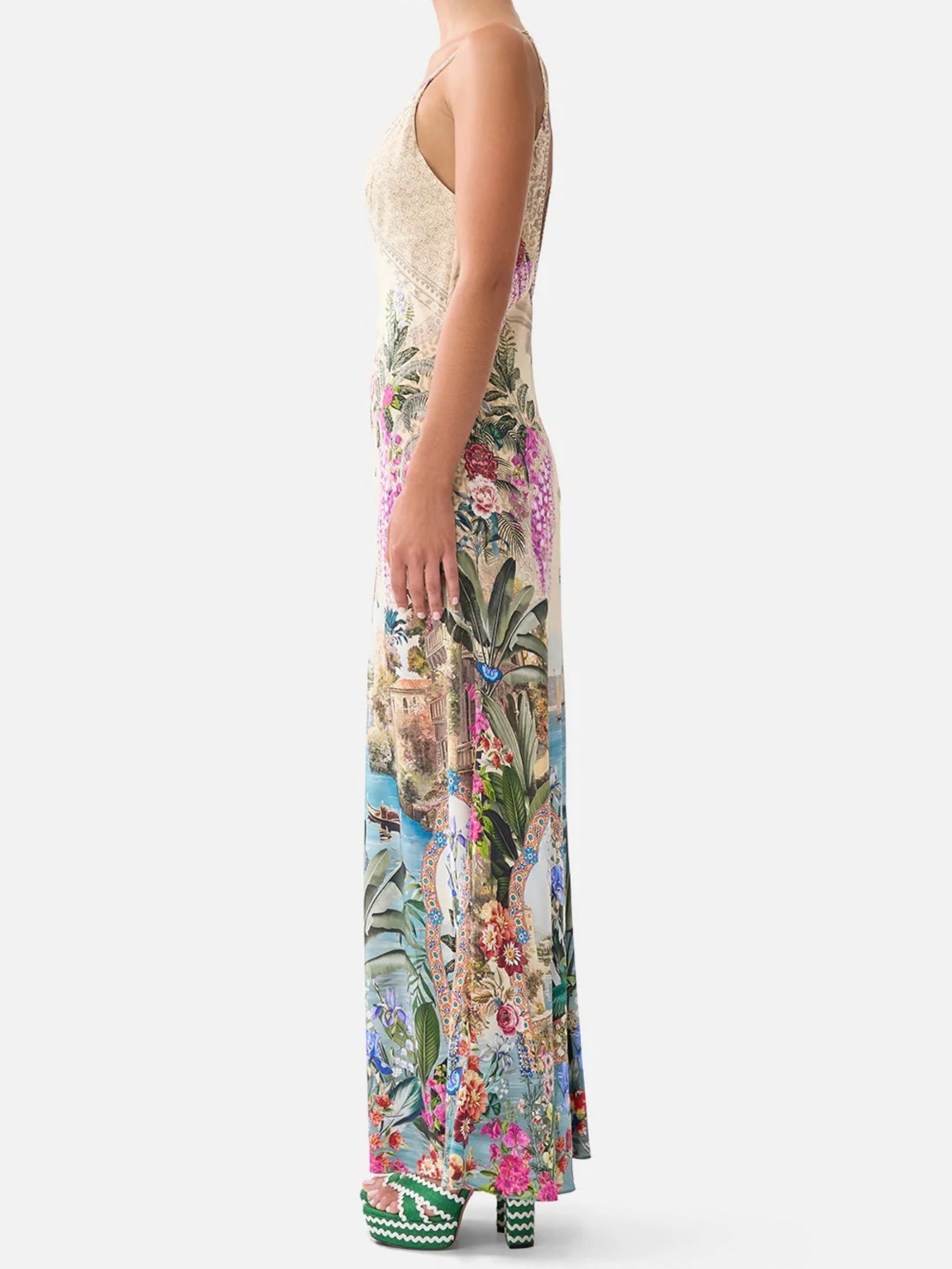 V Neck Full Length Bias Slip Dress - Bodrum Botanicals