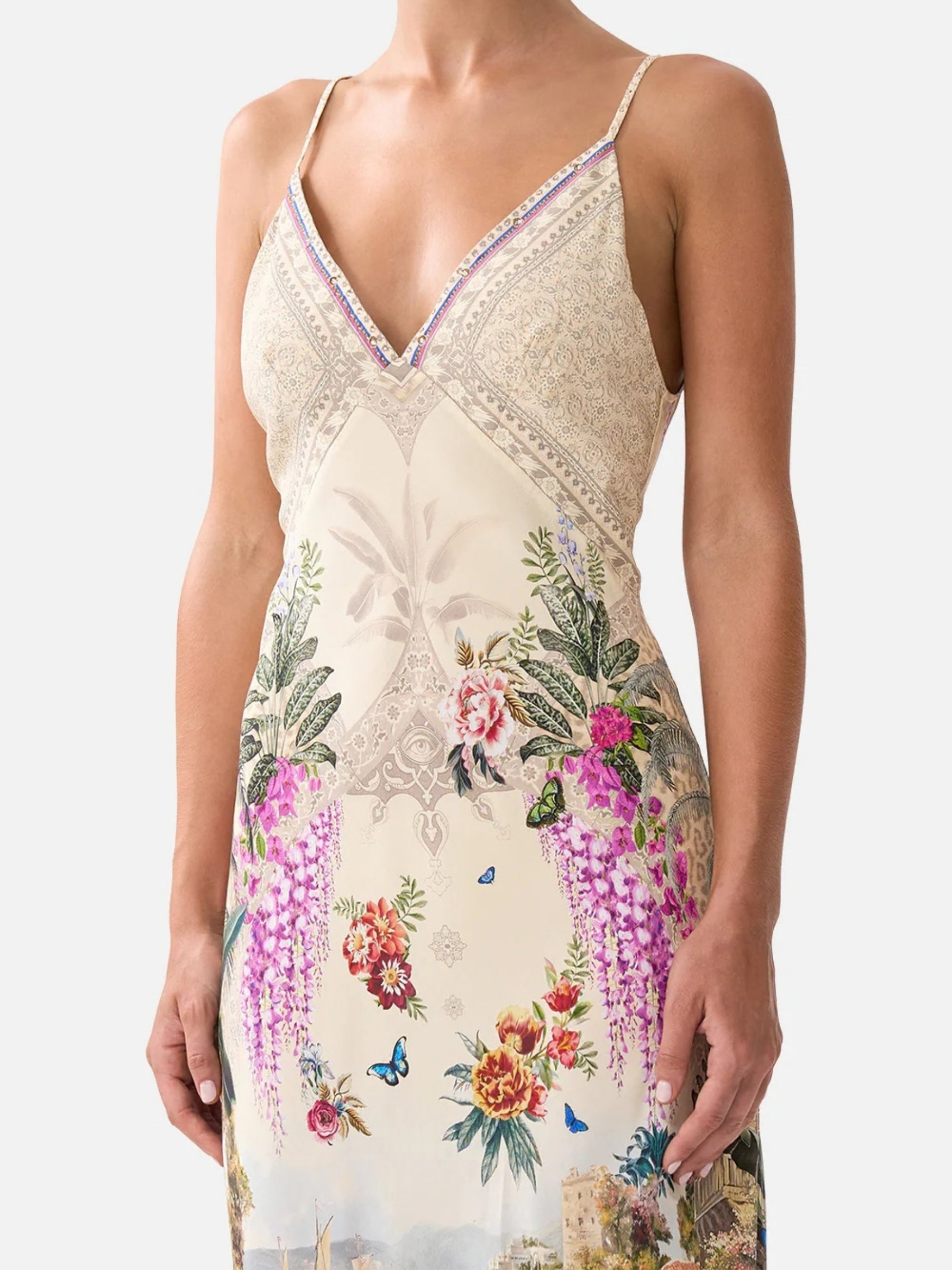 V Neck Full Length Bias Slip Dress - Bodrum Botanicals