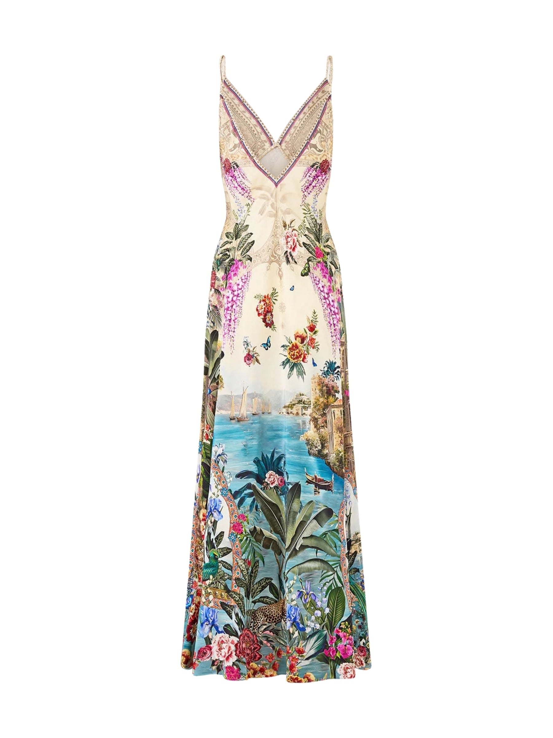 V Neck Full Length Bias Slip Dress - Bodrum Botanicals