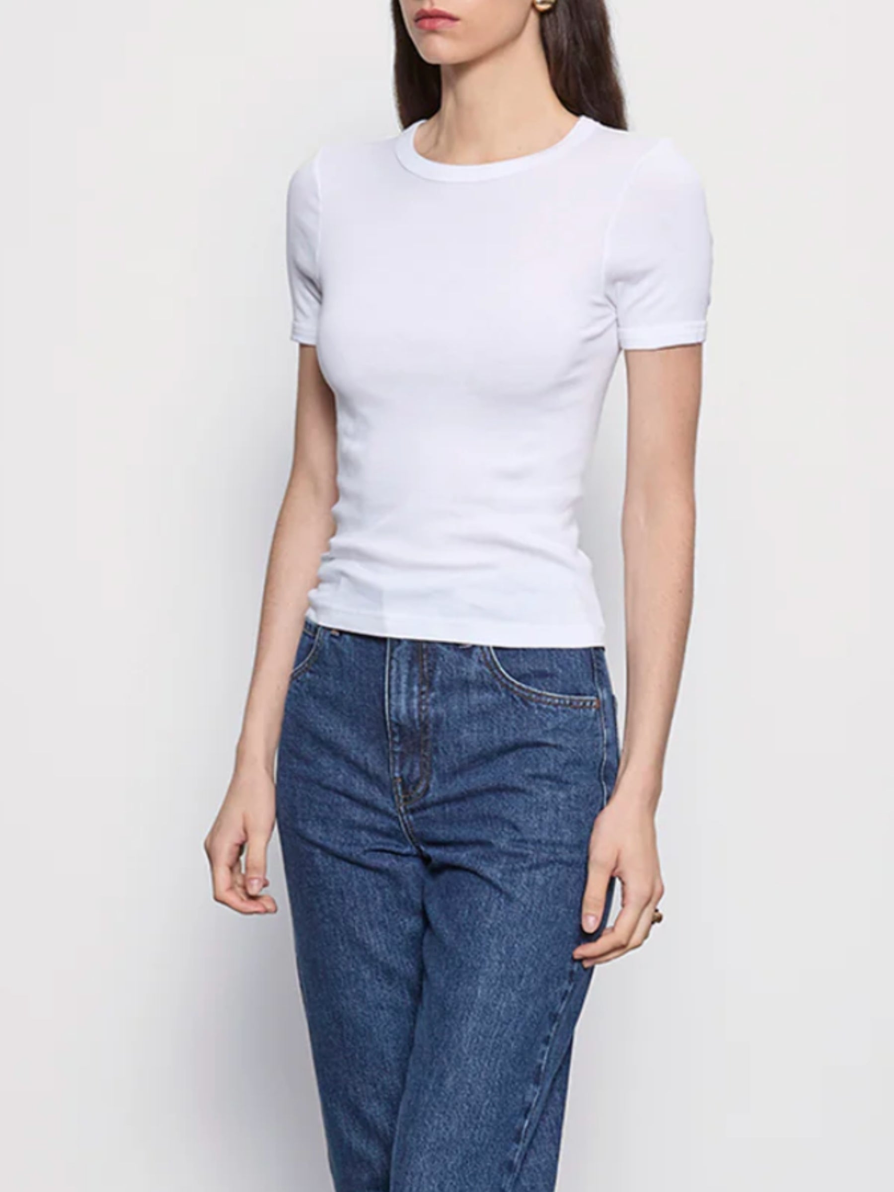 Enza Costa Supima Cotton Perfect Tee in white on model, three-quarter front view