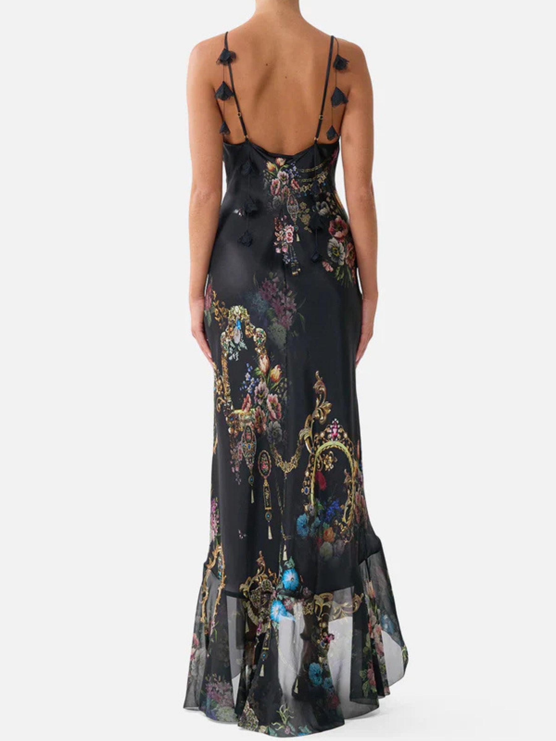 V Neck Slip Dress Flounce Hem - Night Garden