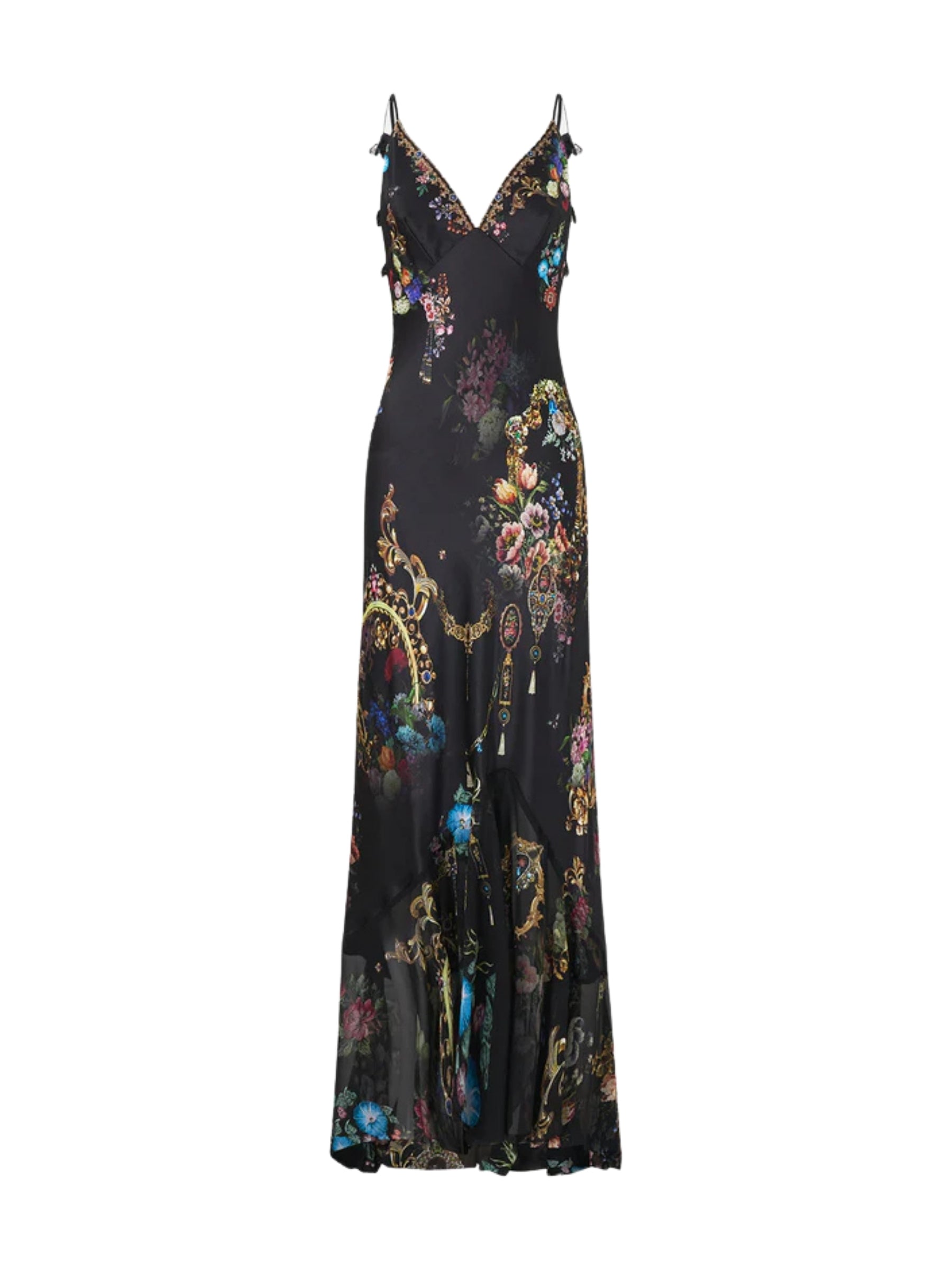 V Neck Slip Dress Flounce Hem - Night Garden
