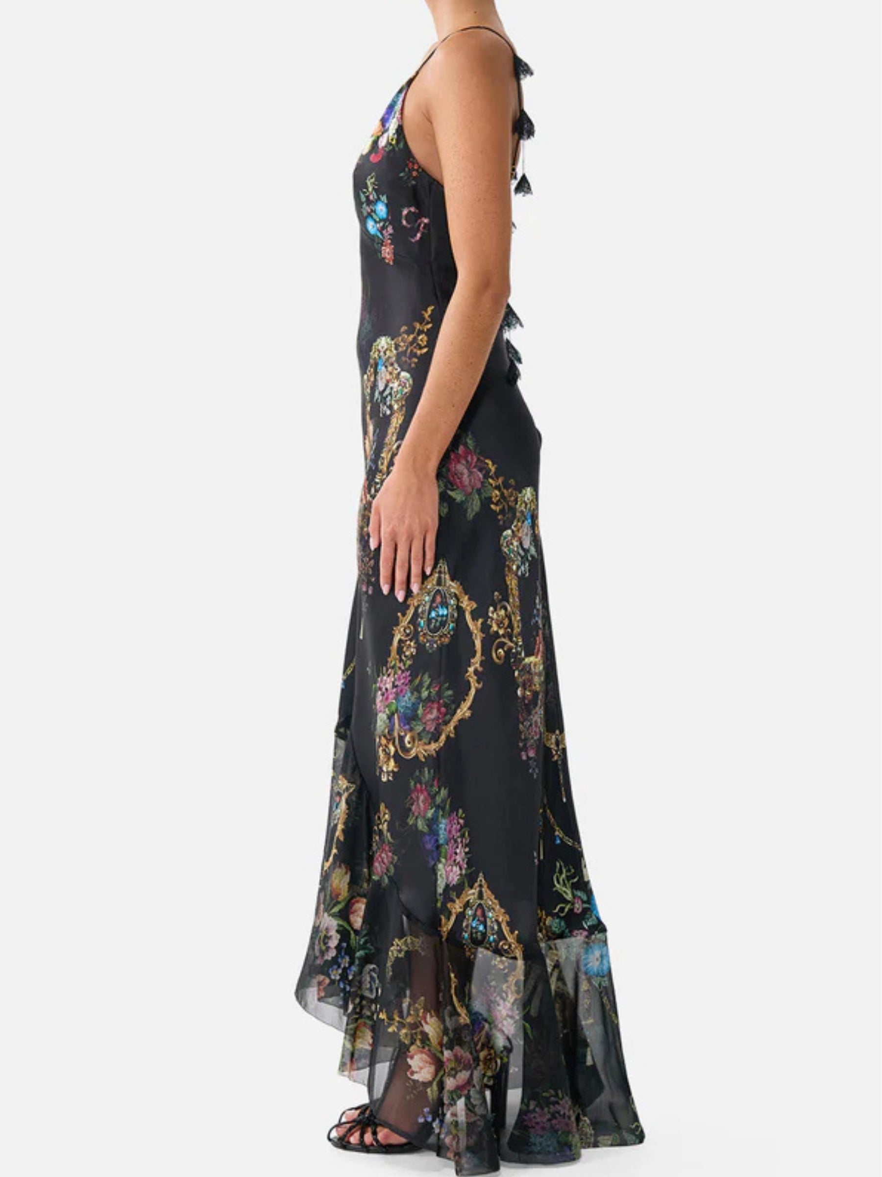 V Neck Slip Dress Flounce Hem - Night Garden
