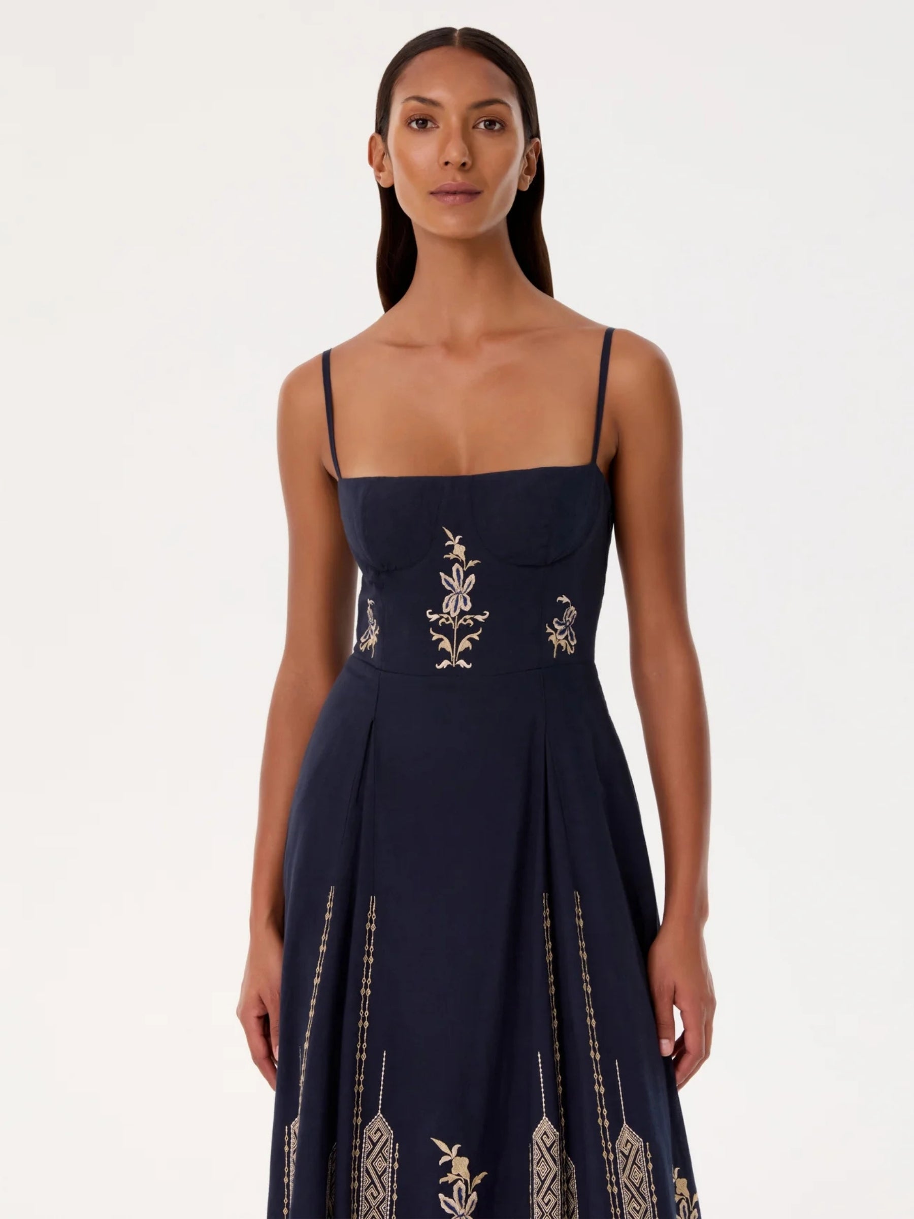 Valya Dress w/ Iris Embroidery - Navy Blue