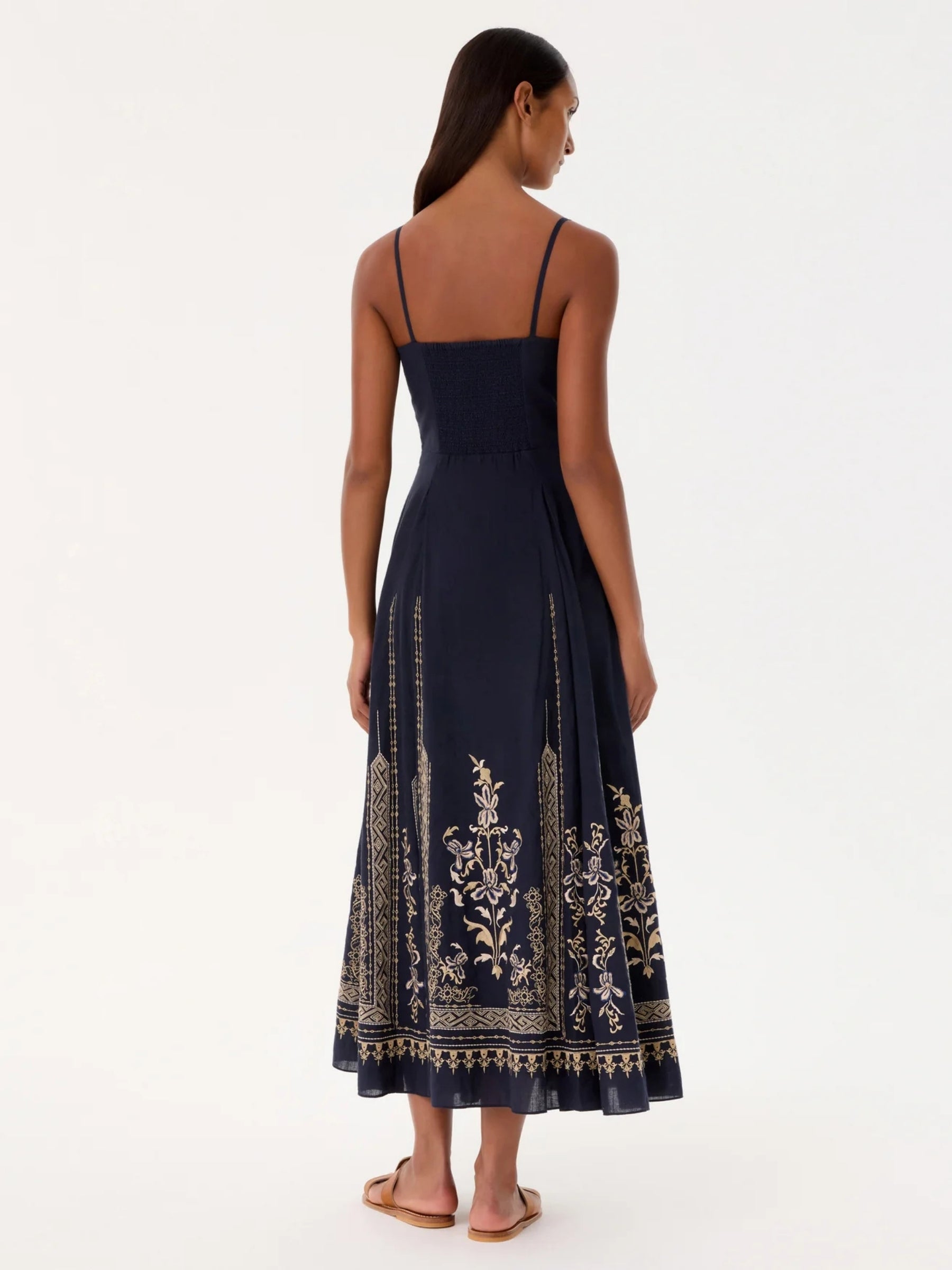 Valya Dress w/ Iris Embroidery - Navy Blue