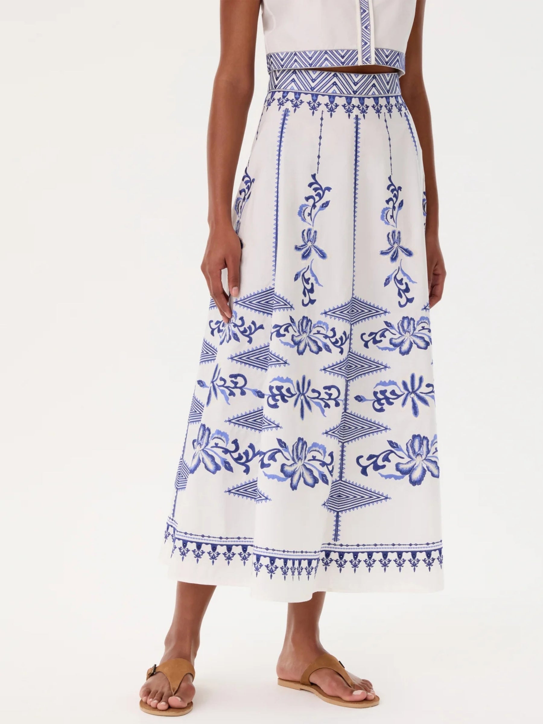New Camille Skirt w/ Iris Embroidery - White/Blue