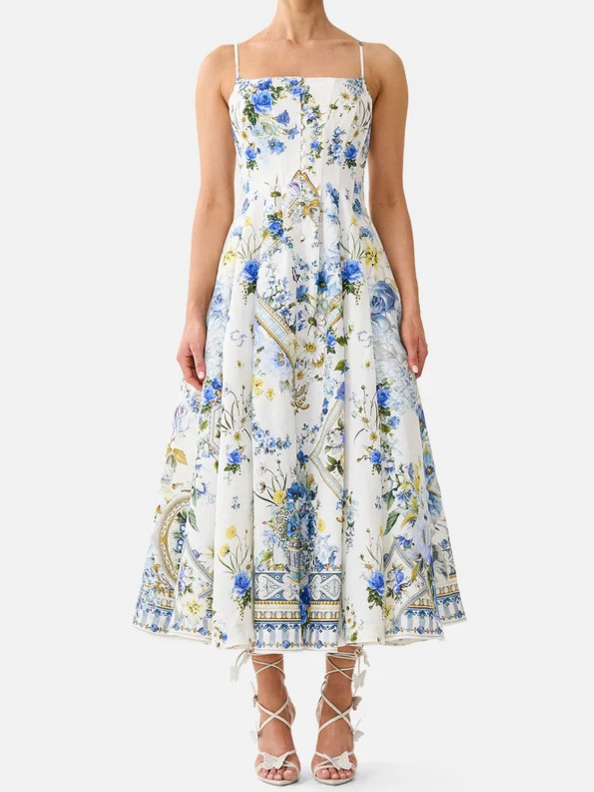 Front of the CAMILLA Dandelion Skies floral corset dress with a long flared skirt