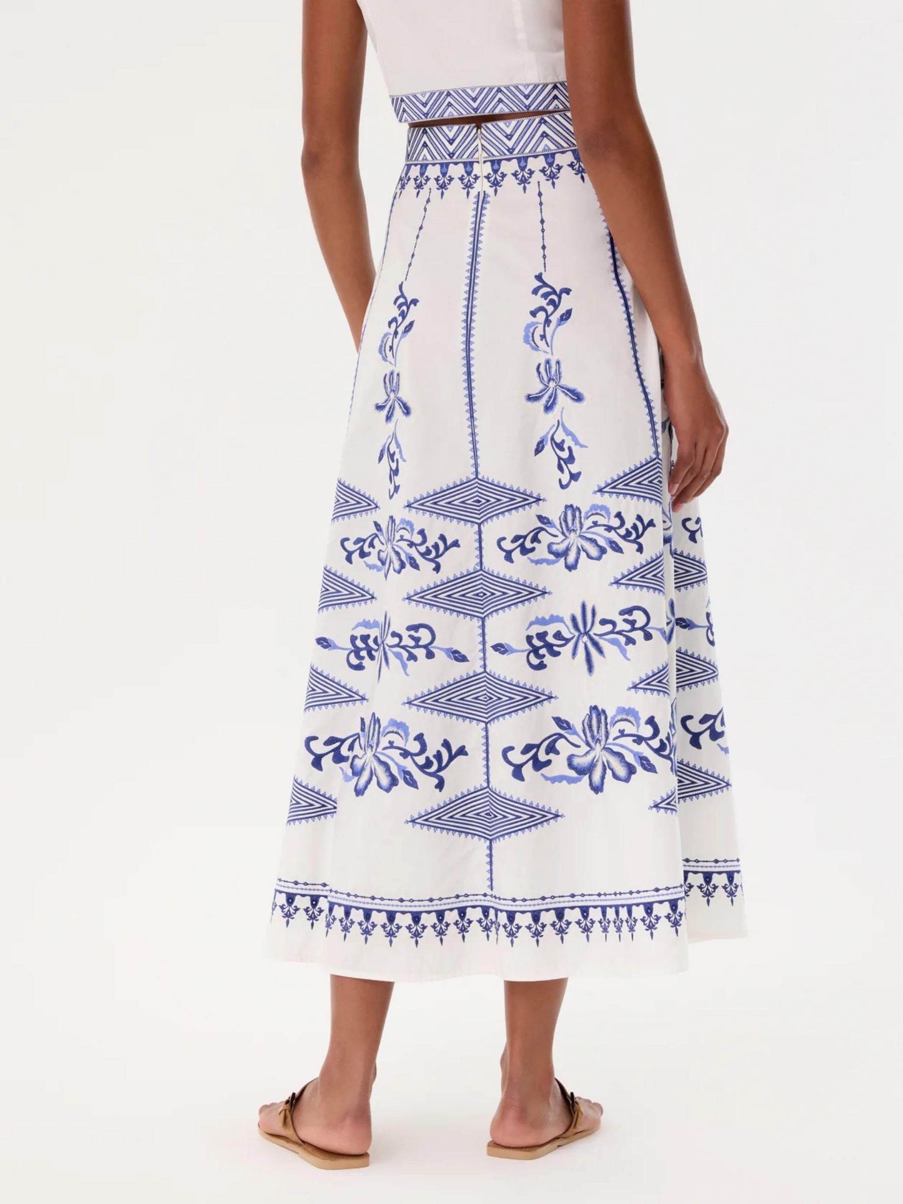 New Camille Skirt w/ Iris Embroidery - White/Blue