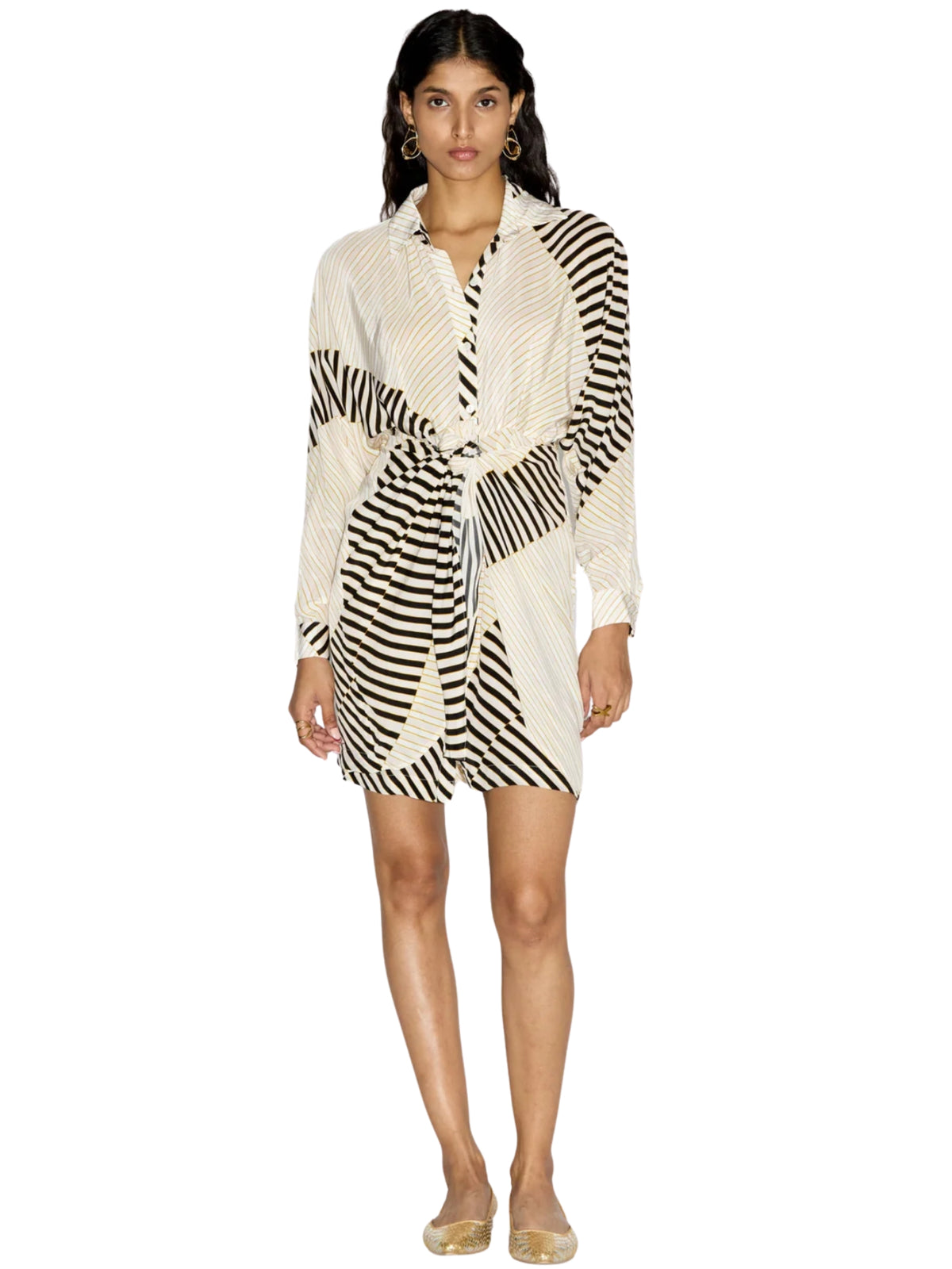 Olive Printed Wrap Shirt Dress - Ivory/Black Piano Stripes
