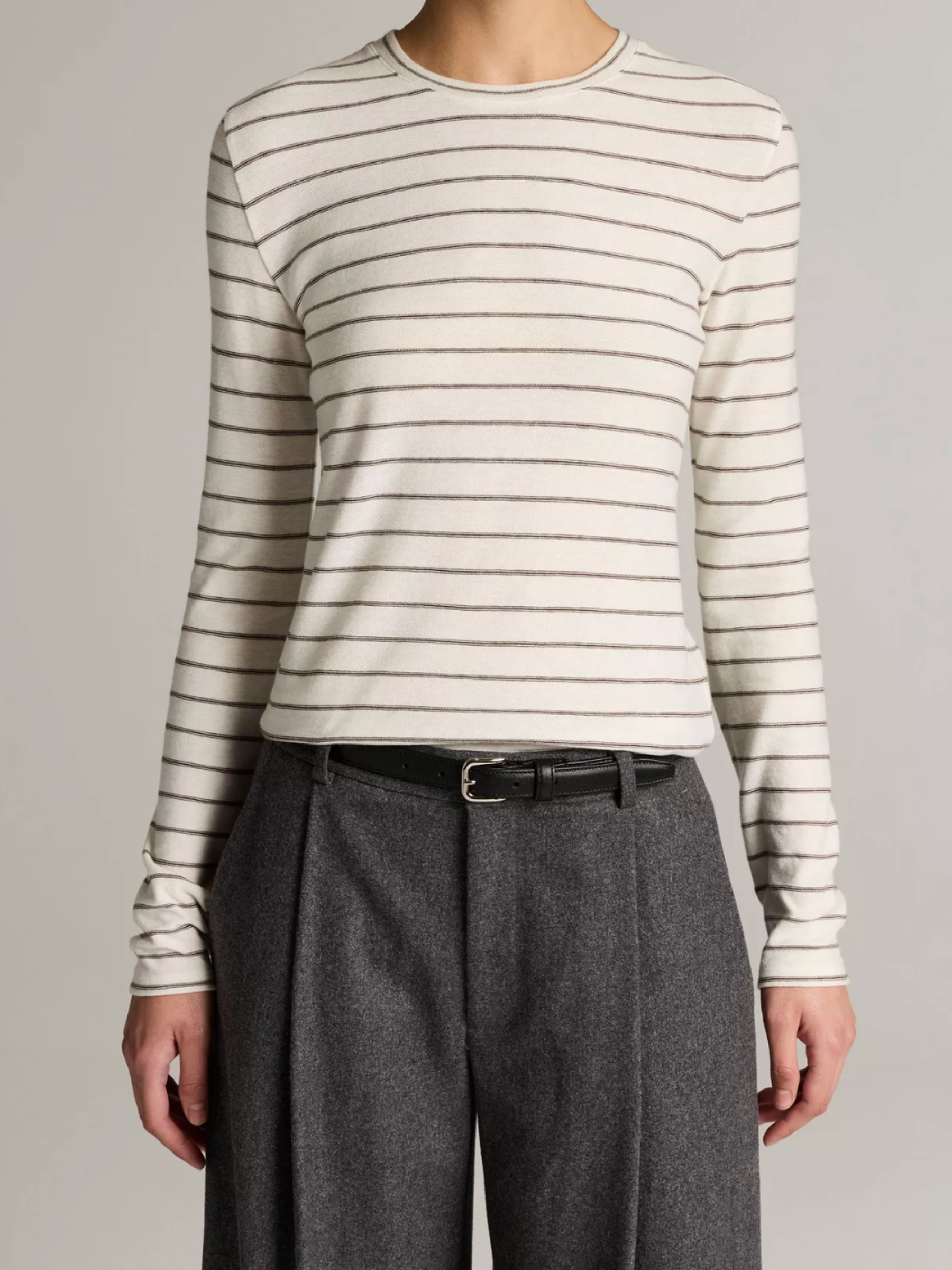 Striped Cotton Long-Sleeve T-Shirt - Off White Combo by Vince — view 2