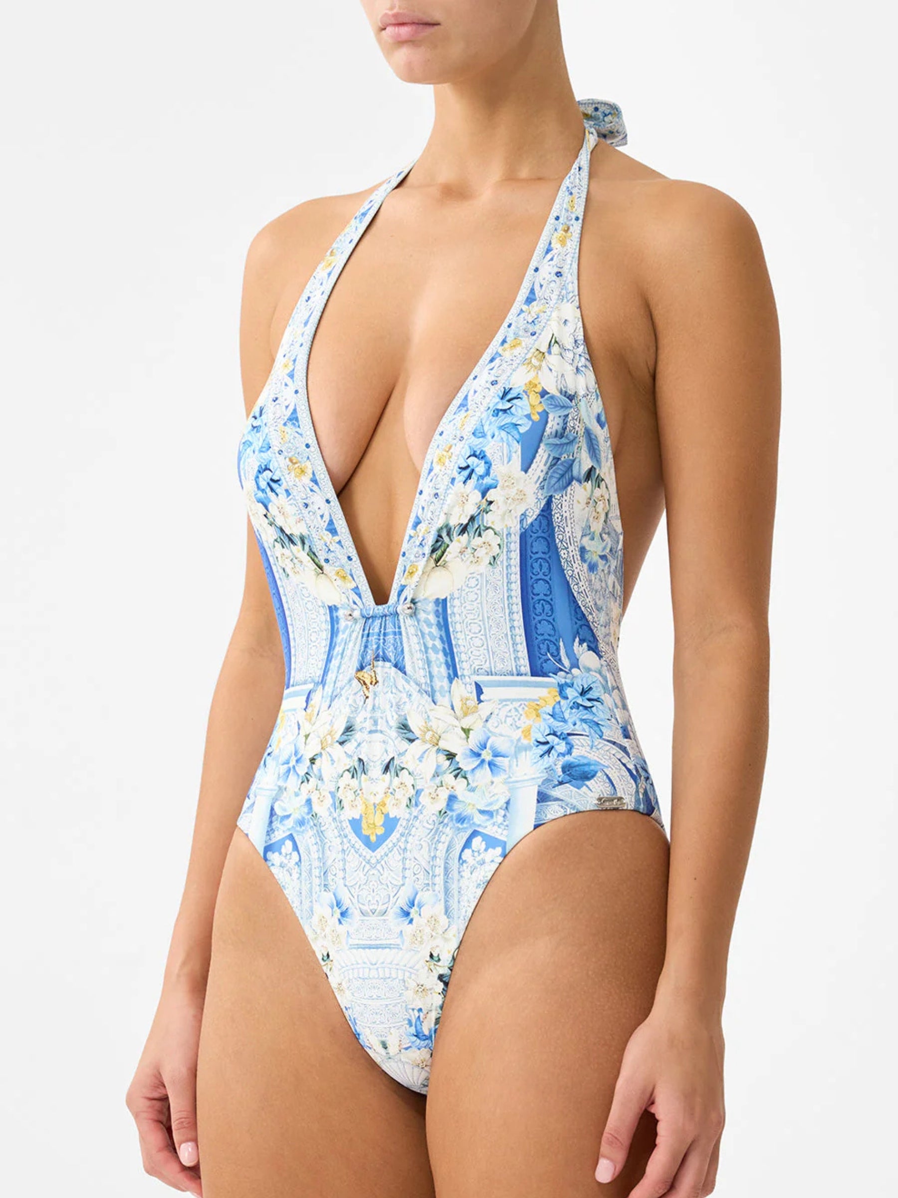 Plunge Halter One Piece w/ Bar Front Trim - De Nada Granada