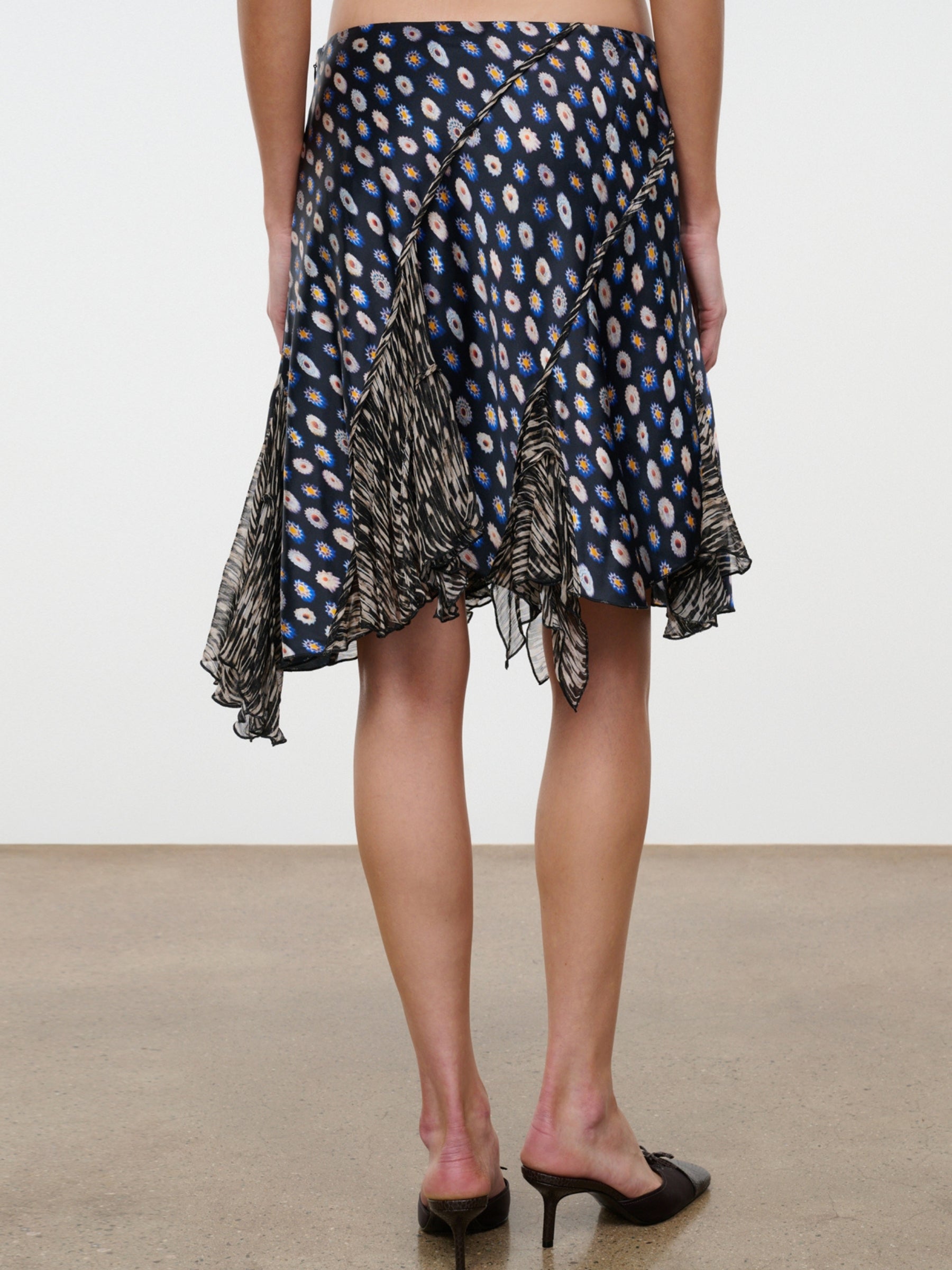 Model wearing the Staud Reannah Silk Skirt in Glasswork Multi, back view