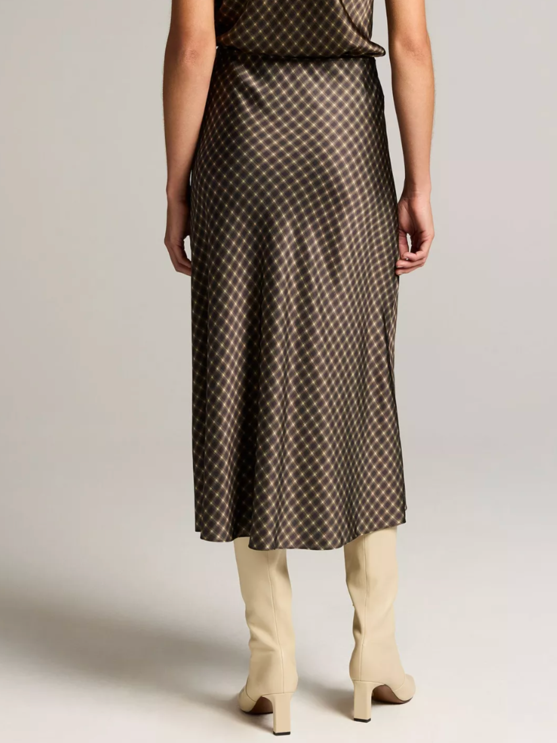 Ombre Plaid Lingerie Trim Satin Slip Skirt - Black/Camel by Vince — view 4