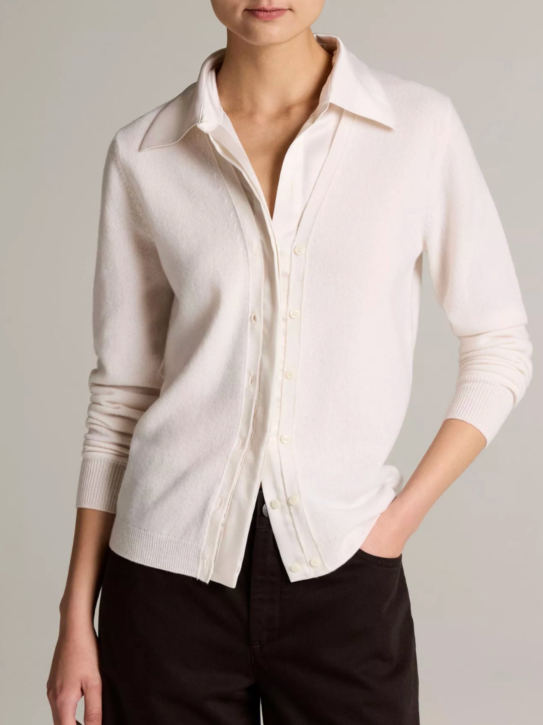 Satin-Trimmed Cashmere Collared Cardigan - Off White by Vince — view 1