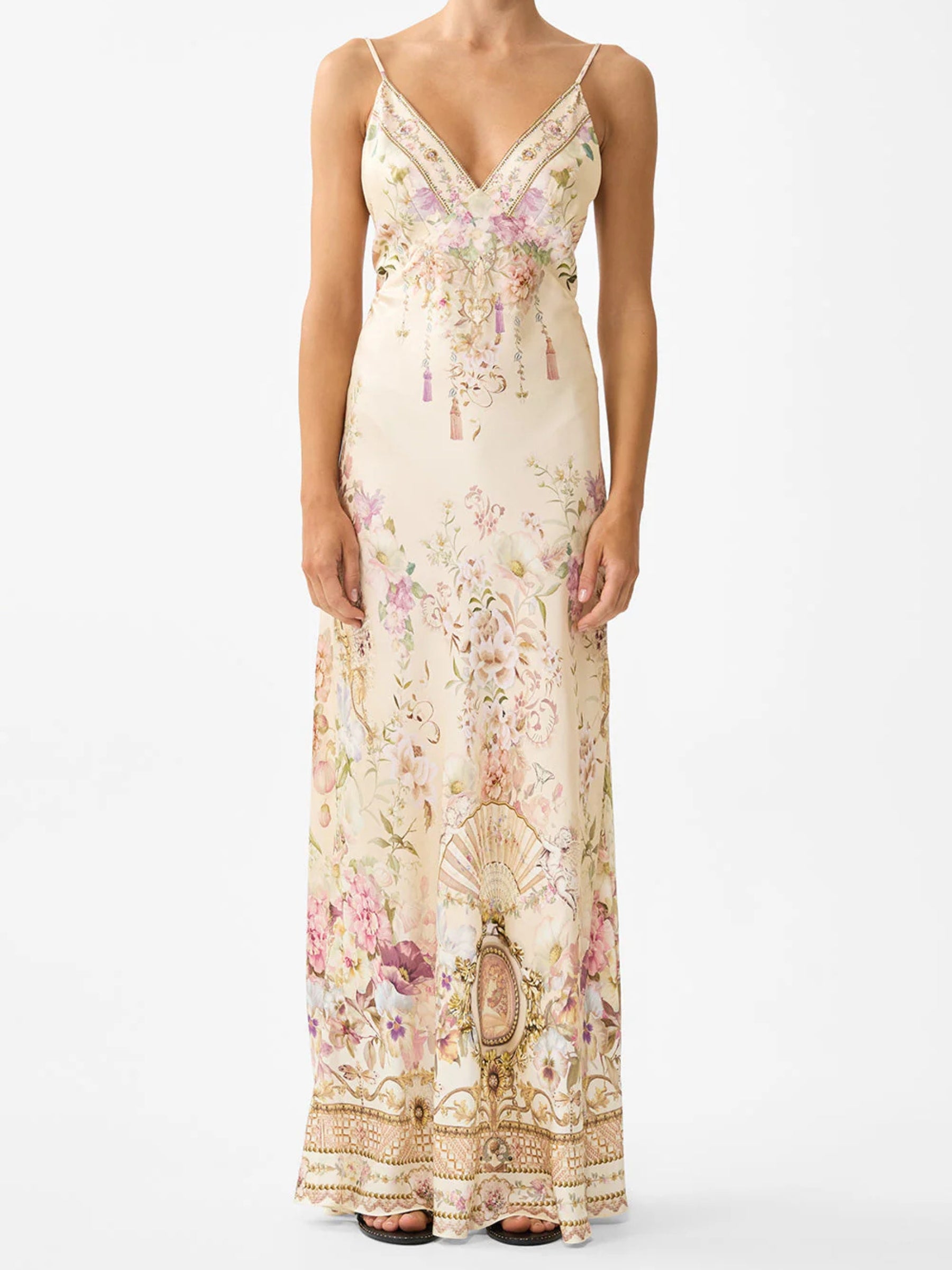 V Neck Full Length Bias Slip Dress - Adorned in Aranjuez