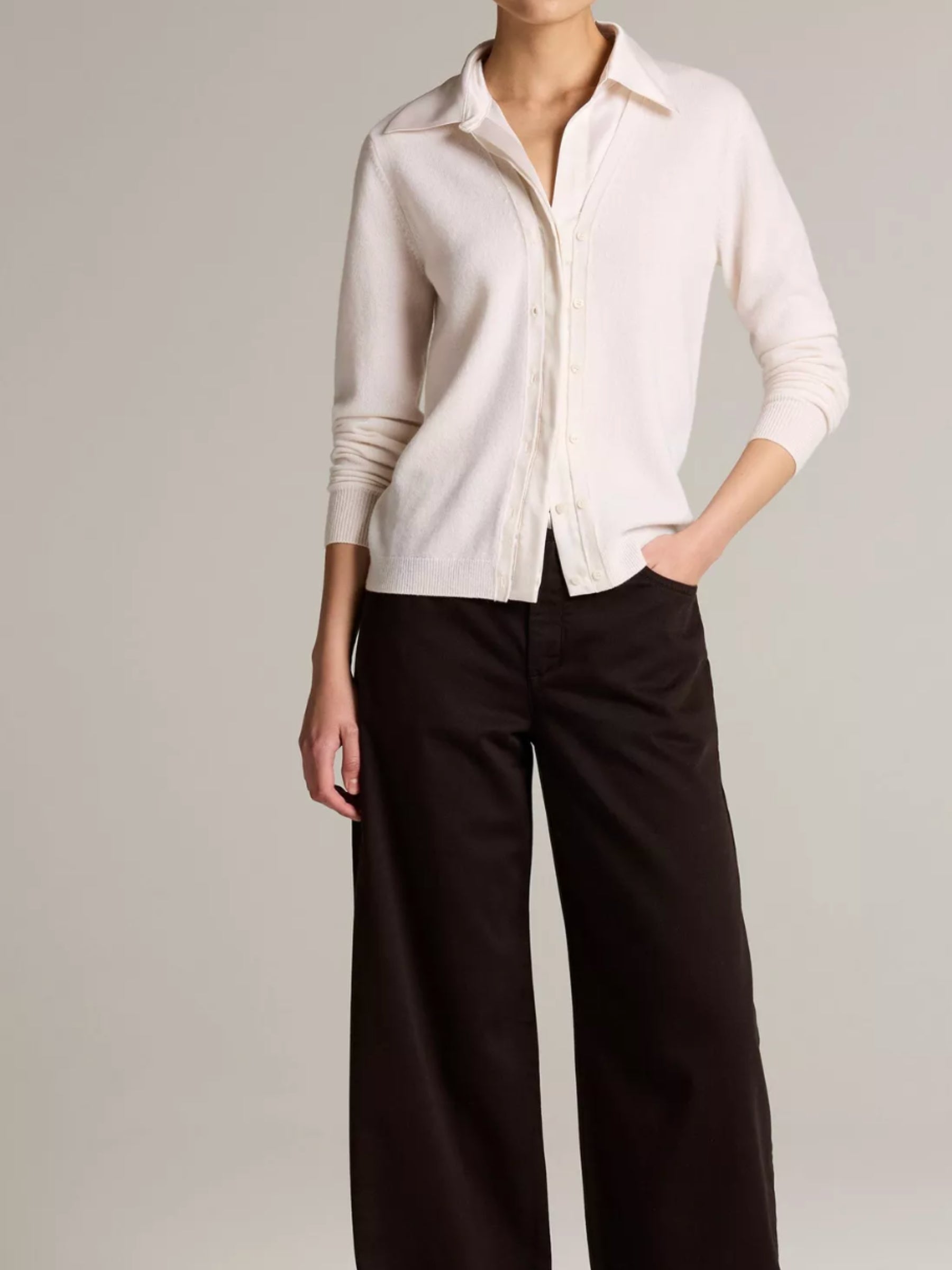 Satin-Trimmed Cashmere Collared Cardigan - Off White by Vince — view 3