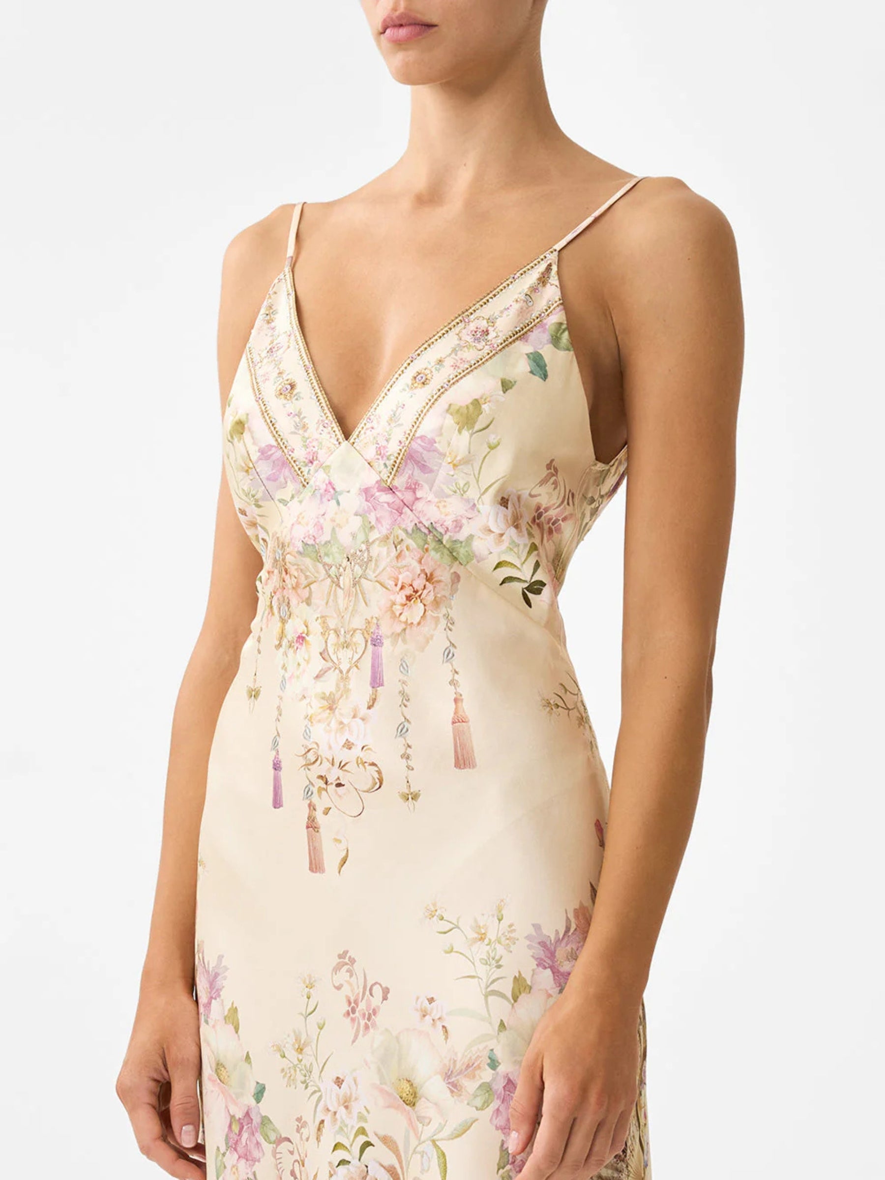 V Neck Full Length Bias Slip Dress - Adorned in Aranjuez