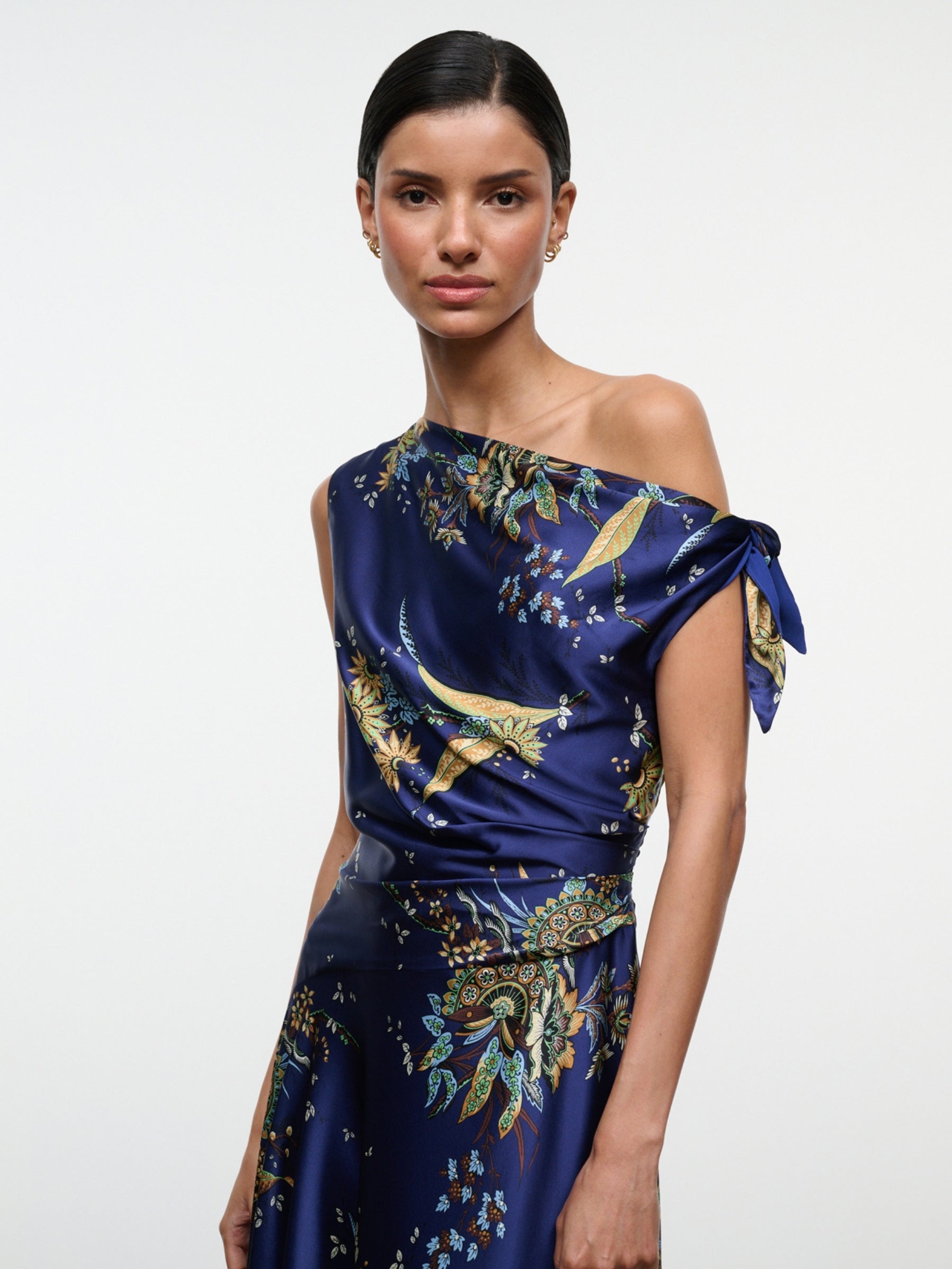 Staud Portia Silk Dress in Tapestry Midnight, neckline and bodice detail