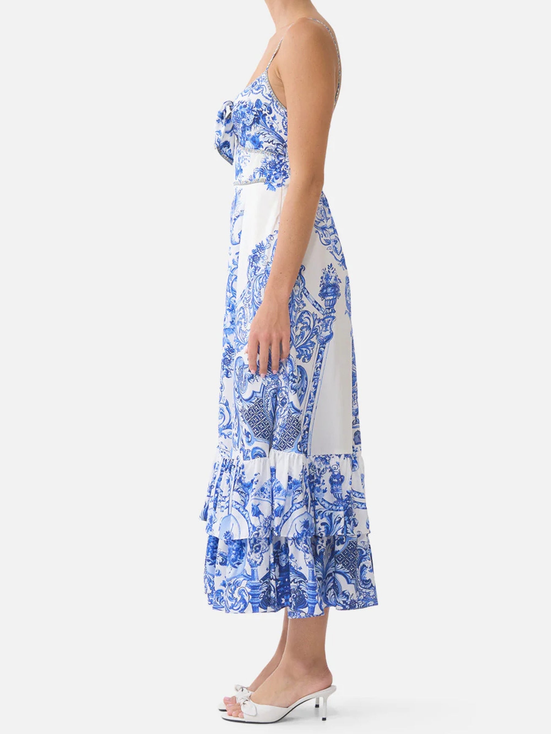 Ruffle Hem Tie Front Midi Dress - Ceramic Panoramic