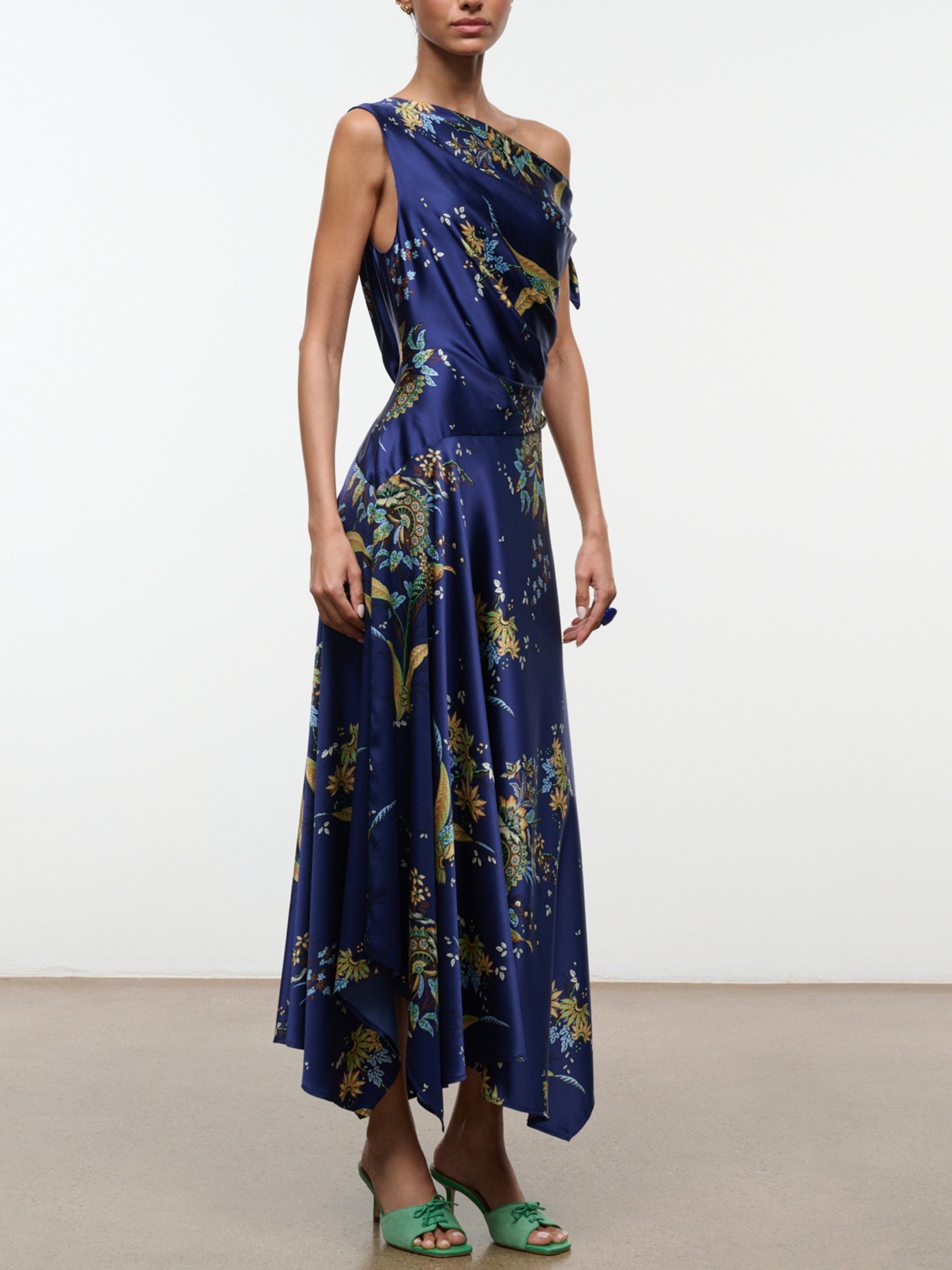Staud Portia Silk Dress in Tapestry Midnight on model, three-quarter view