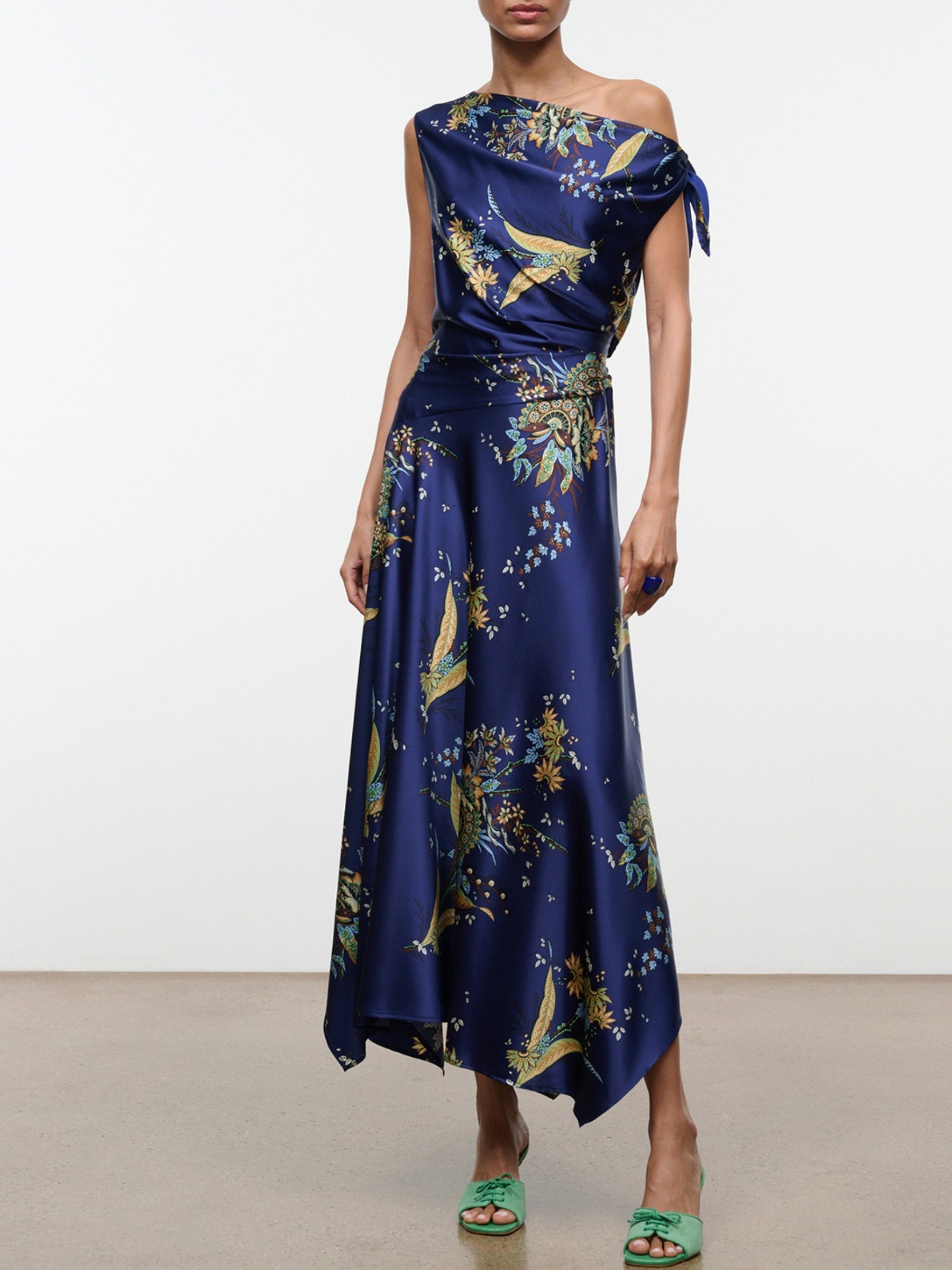 Model wearing the Staud Portia Silk Dress in Tapestry Midnight, front view