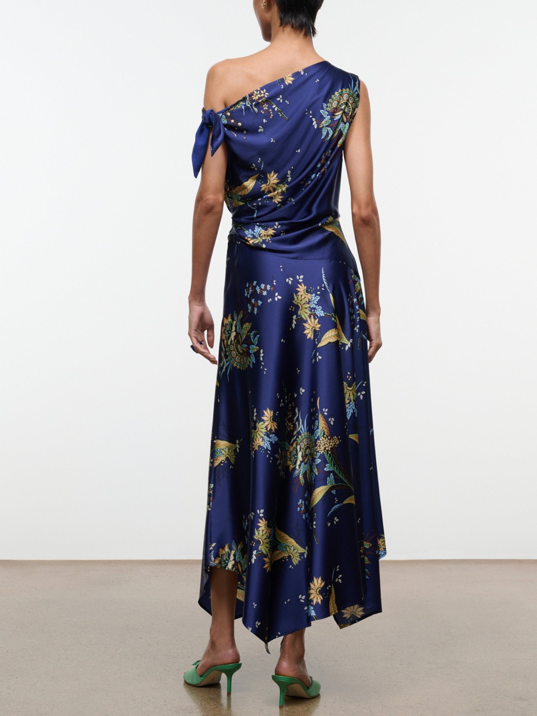 Staud Portia Silk Dress in Tapestry Midnight on model, back view