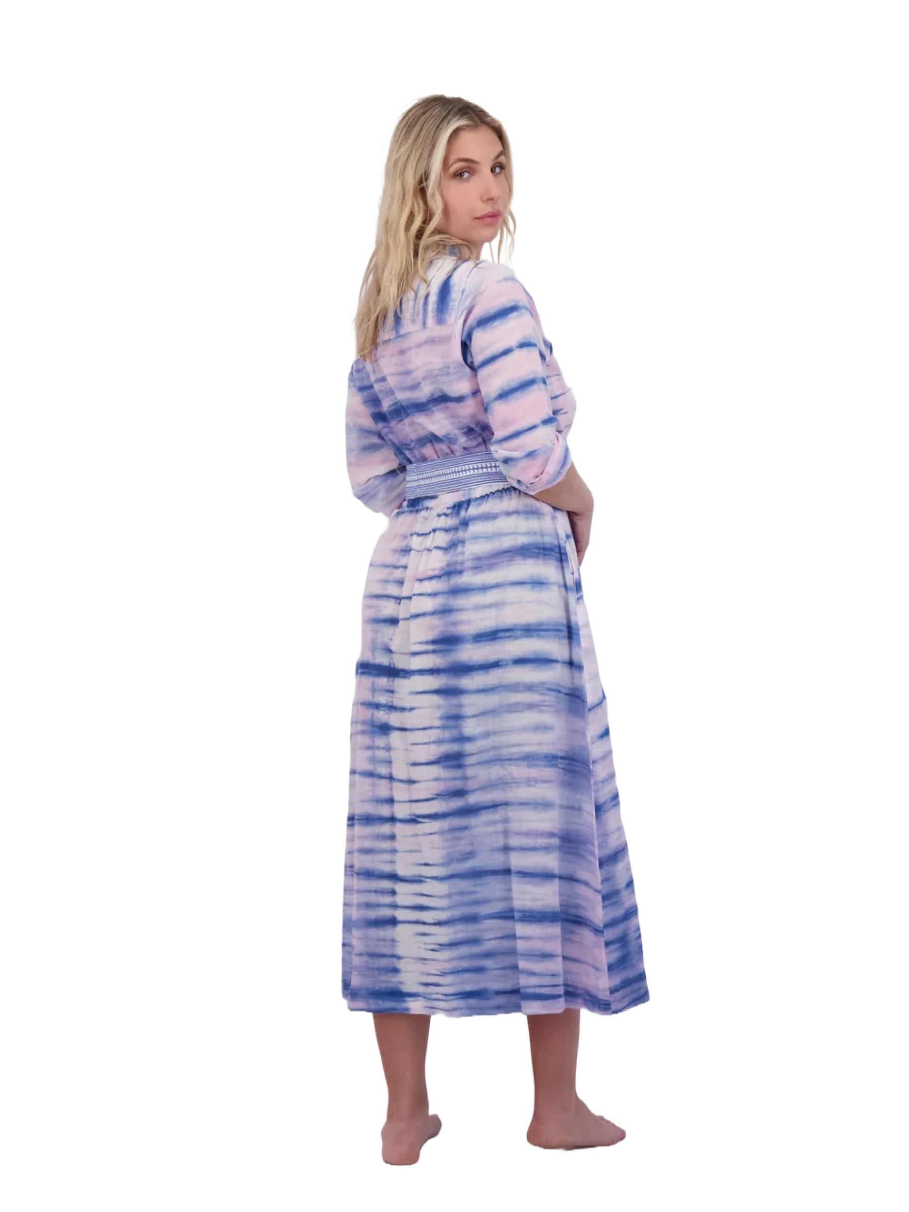 Anais Button Front Shirtdress - Rose Lapis Blue Shibori