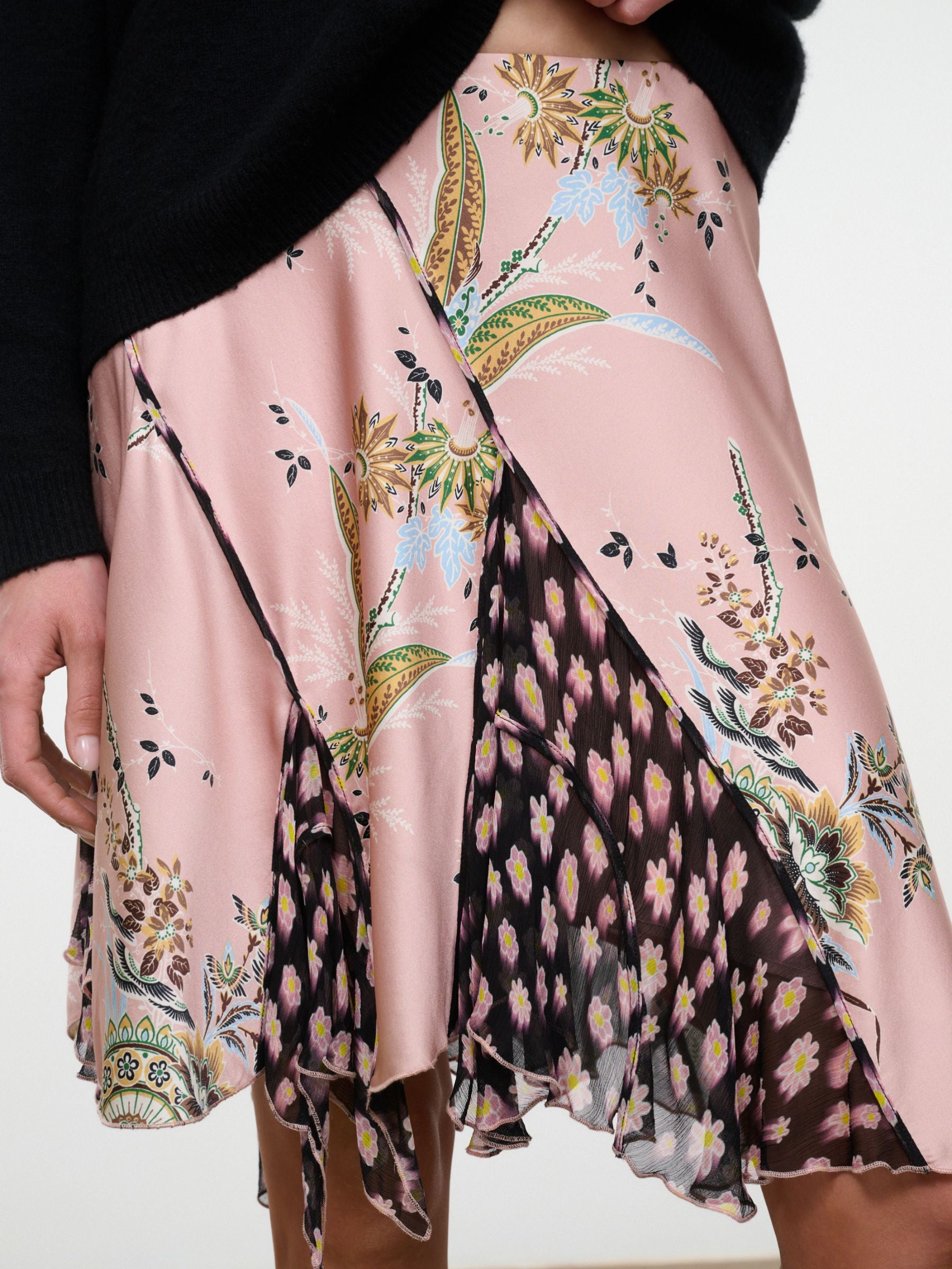 Close-up of Staud Reannah Silk Skirt in Tapestry Rose Multi showing mixed floral panels