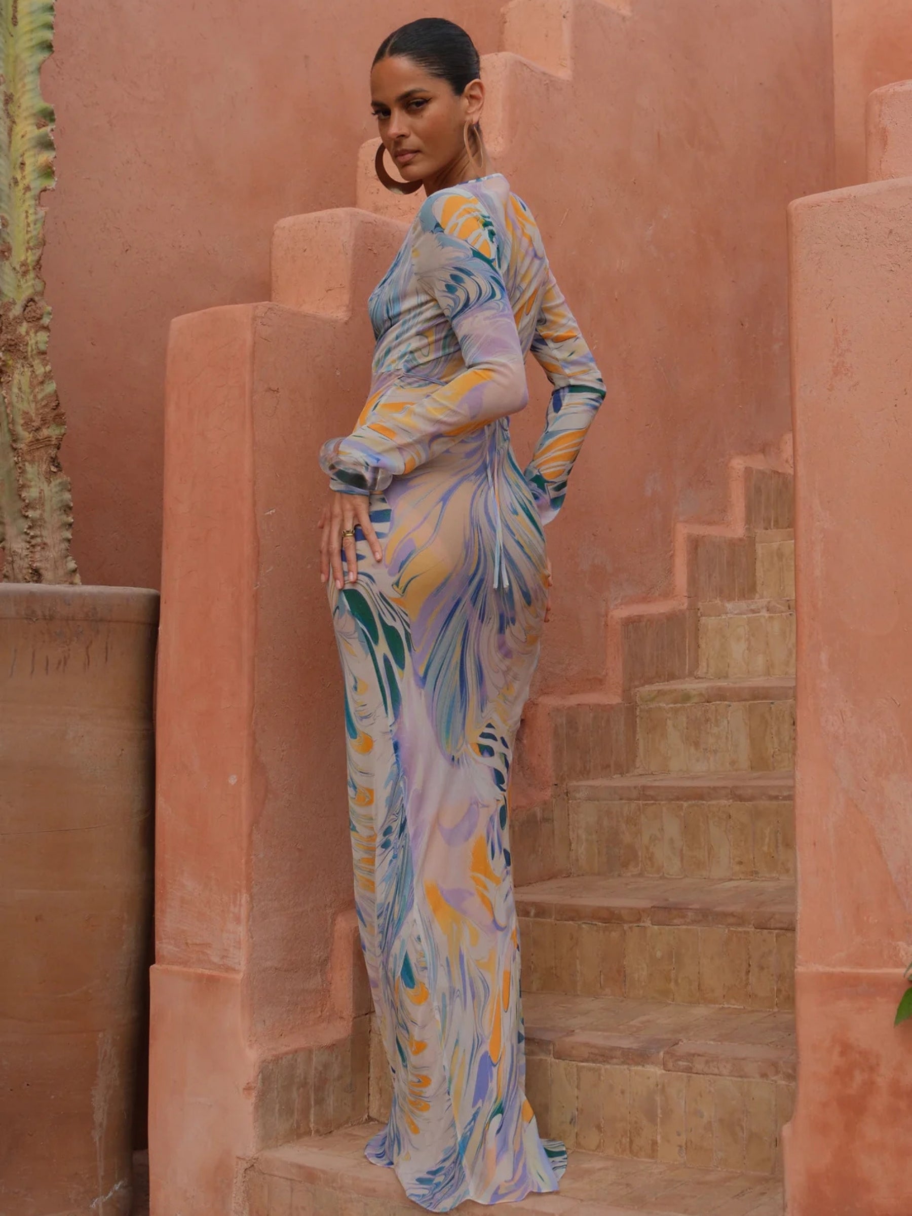 Lois Long Sleeve Bias Cut Dress w/ Back - Iridescent Wave