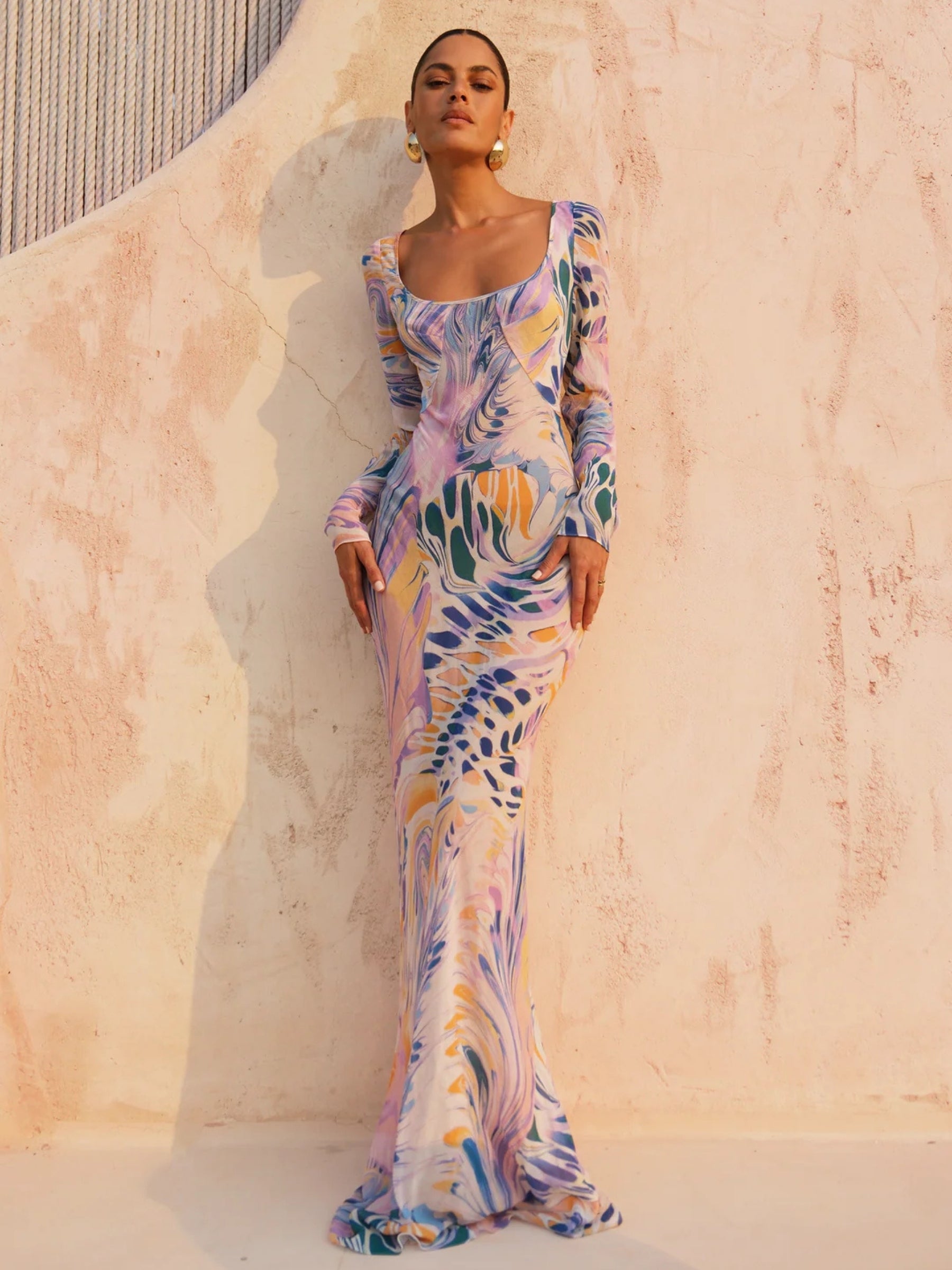 Lois Long Sleeve Bias Cut Dress w/ Back - Iridescent Wave