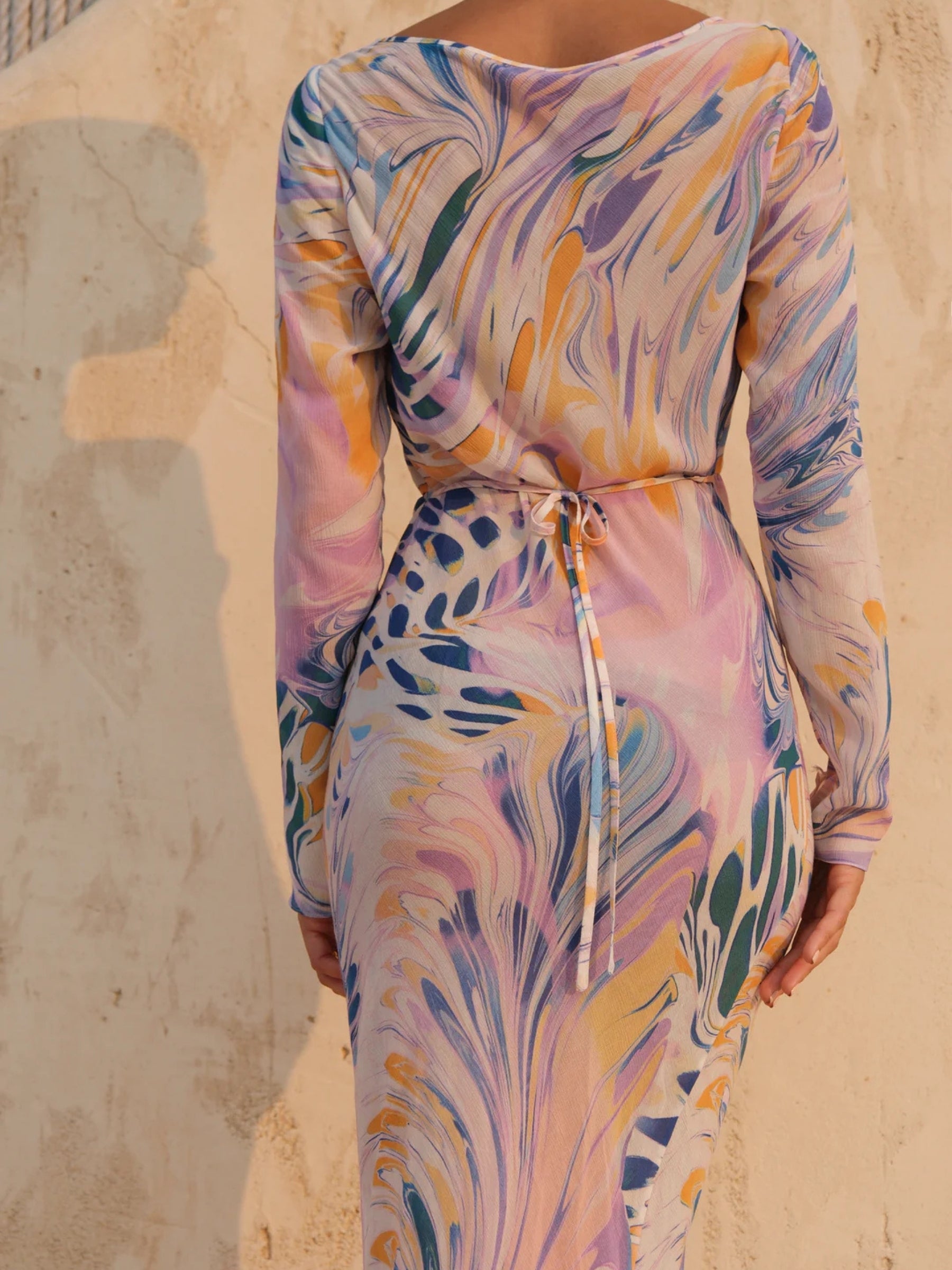 Lois Long Sleeve Bias Cut Dress w/ Back - Iridescent Wave
