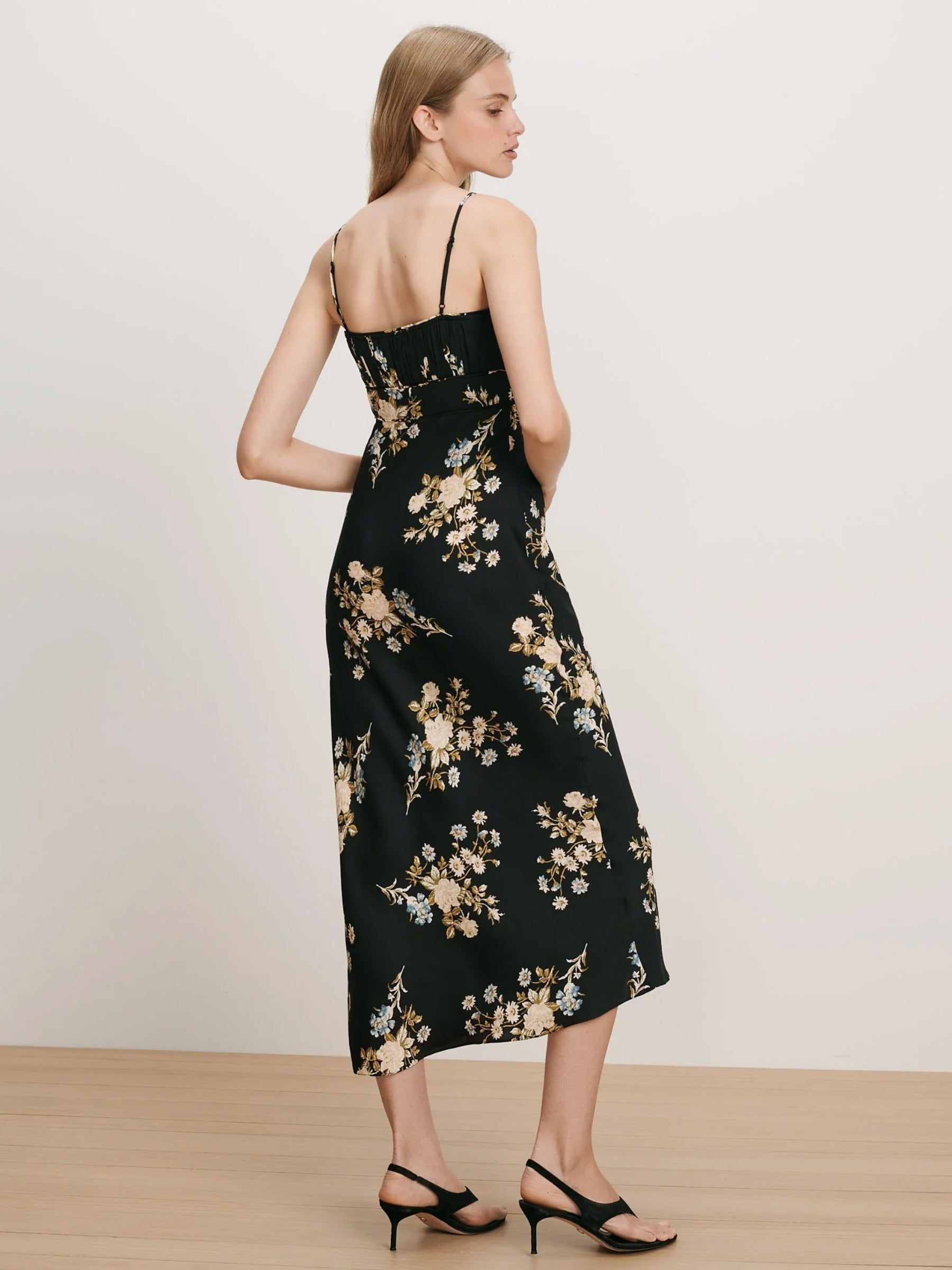 Veronica Beard Kieren Floral Slip Dress in Black Multi on model, back view