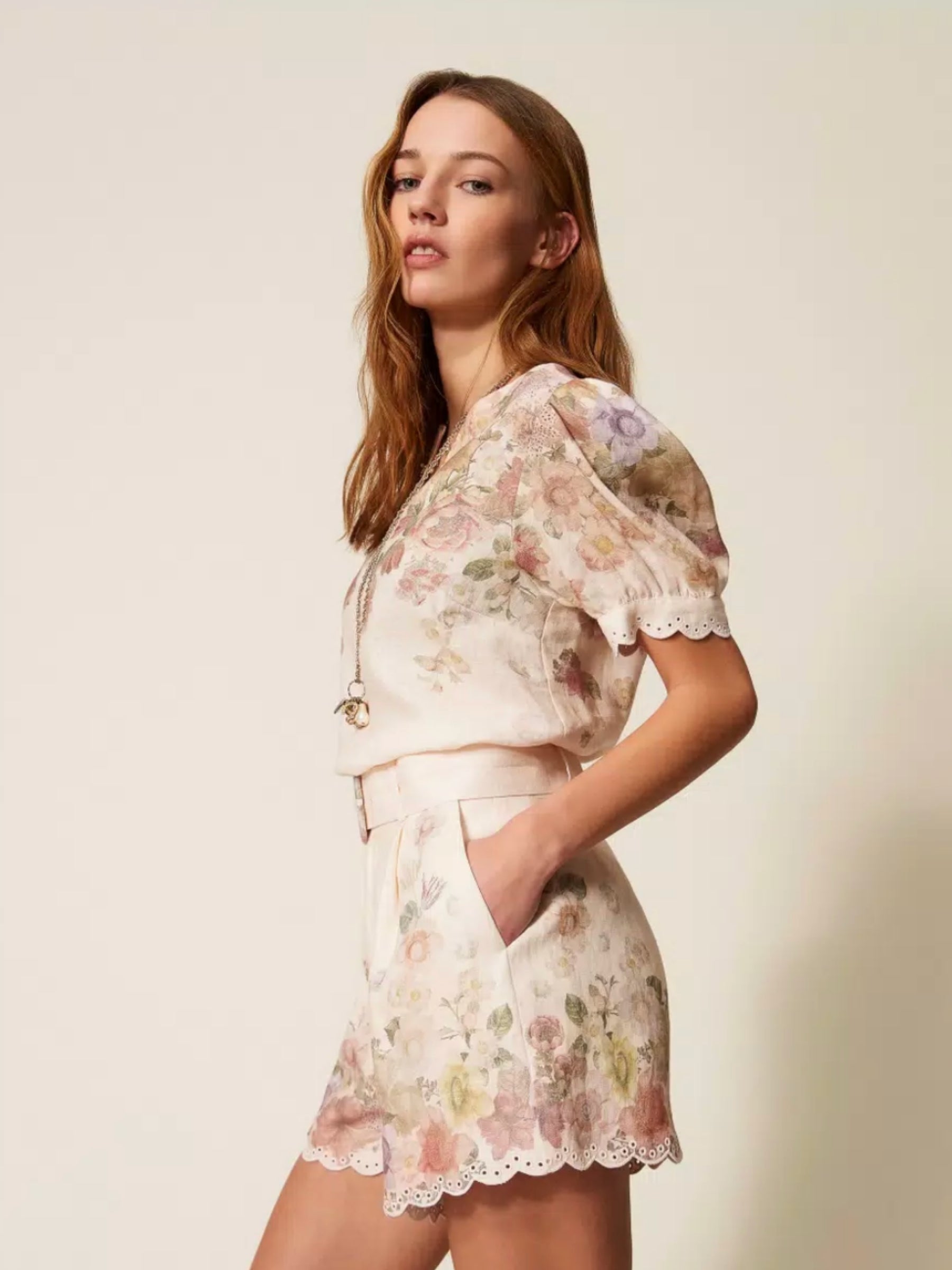 Linen Floral Shorts w Embroidery - Wildflower Pastel