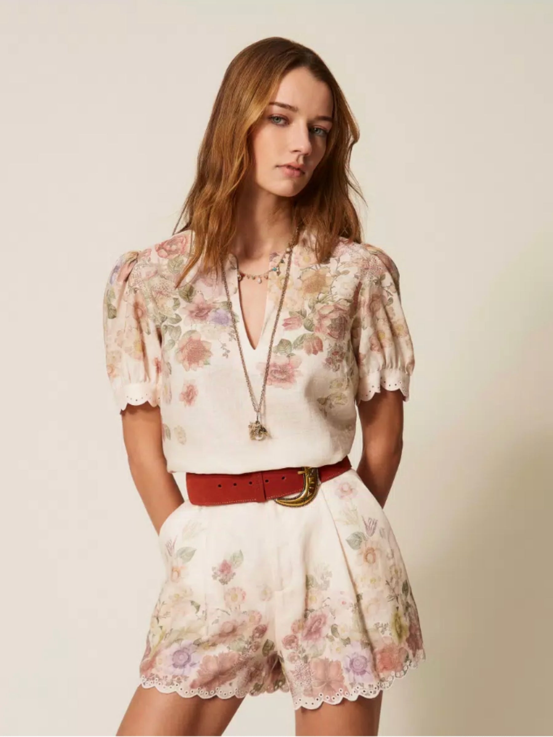 Linen Floral Shorts w Embroidery - Wildflower Pastel