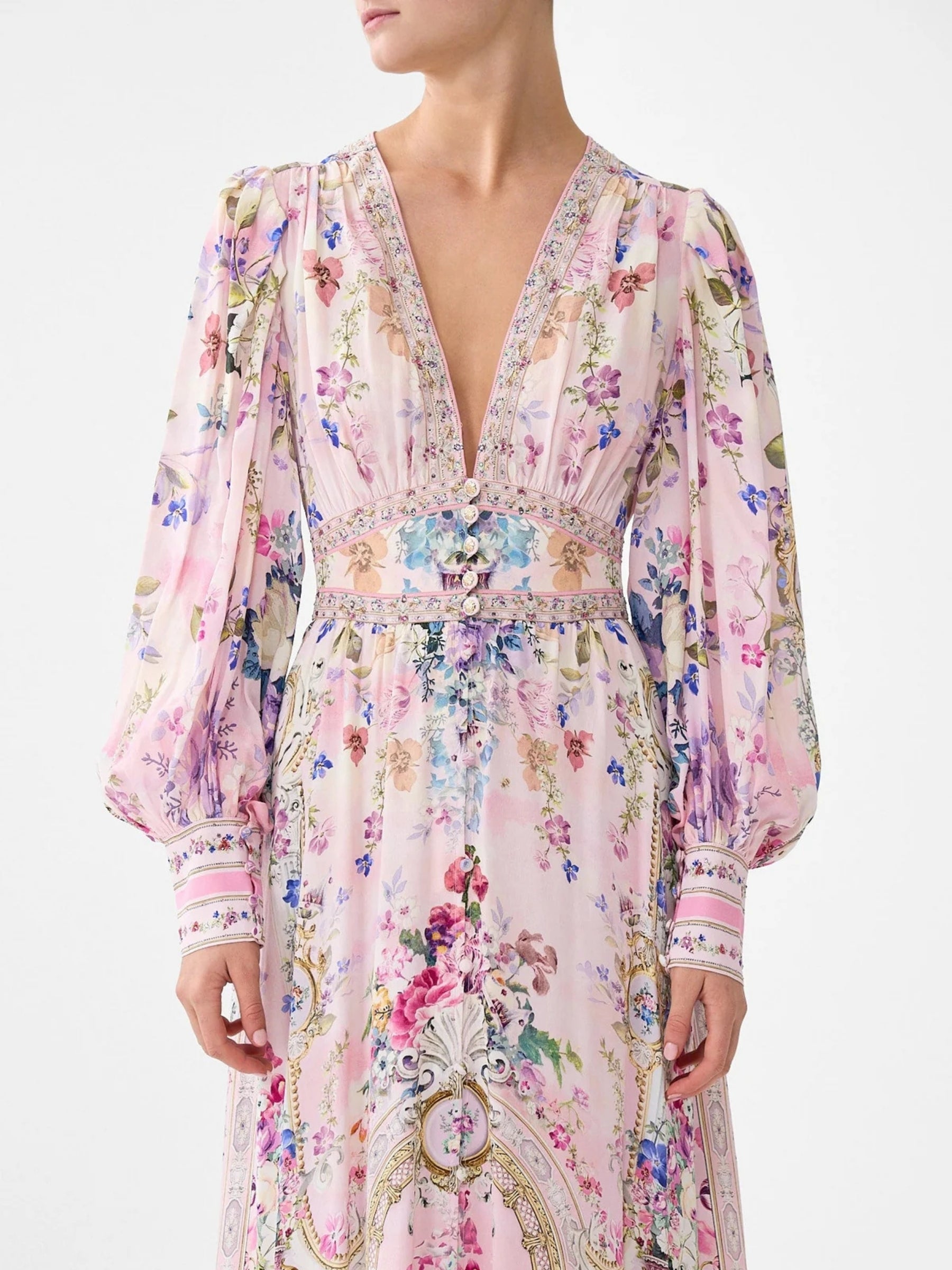 Shaped Waistband Dress w/ Gathered Sleeves - Palatial Pastels