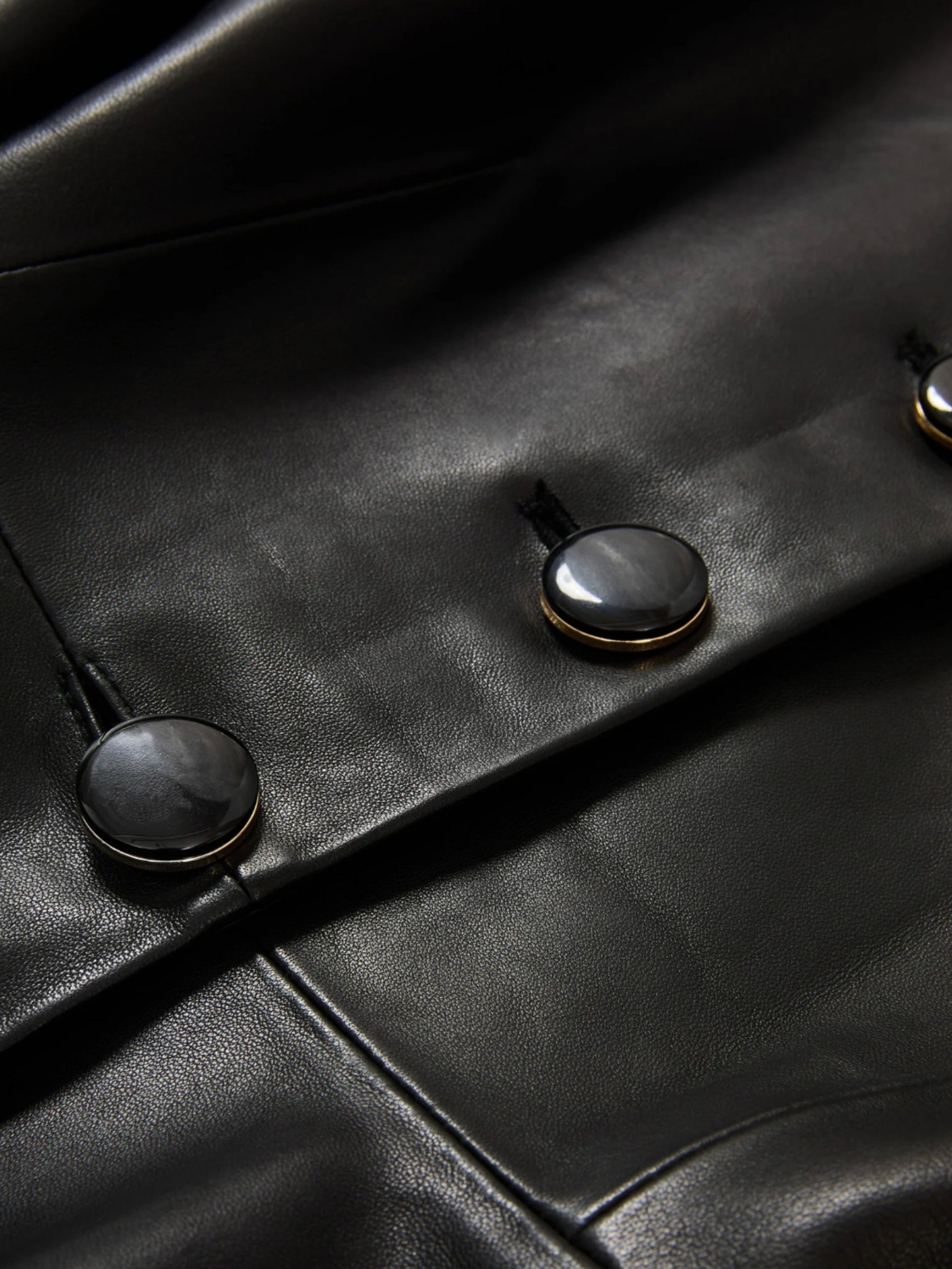 Veronica Beard Quinn Leather Peplum Jacket in Black, button and leather detail