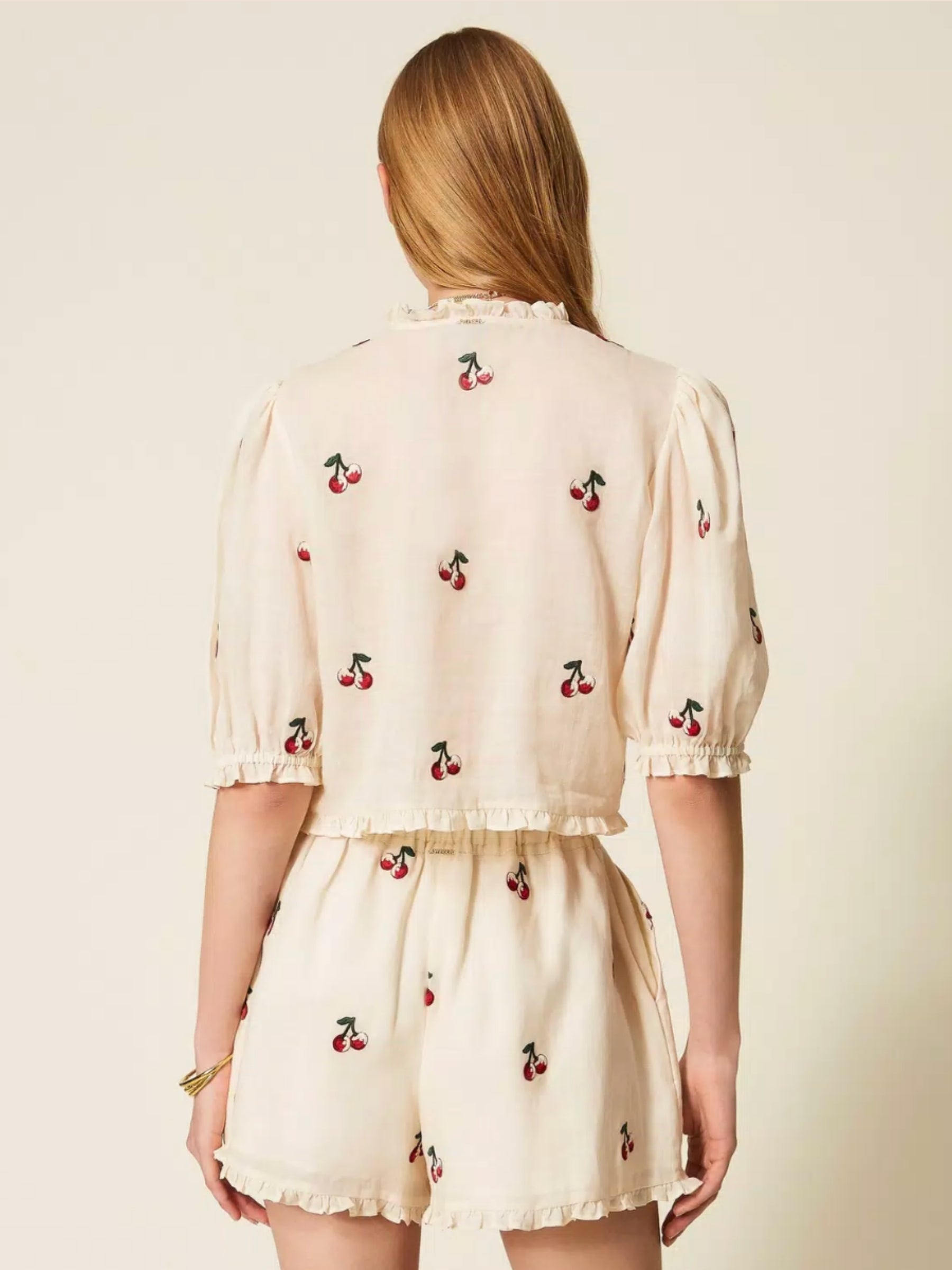 Cropped Ramie Shirt - Cherry Embroidery