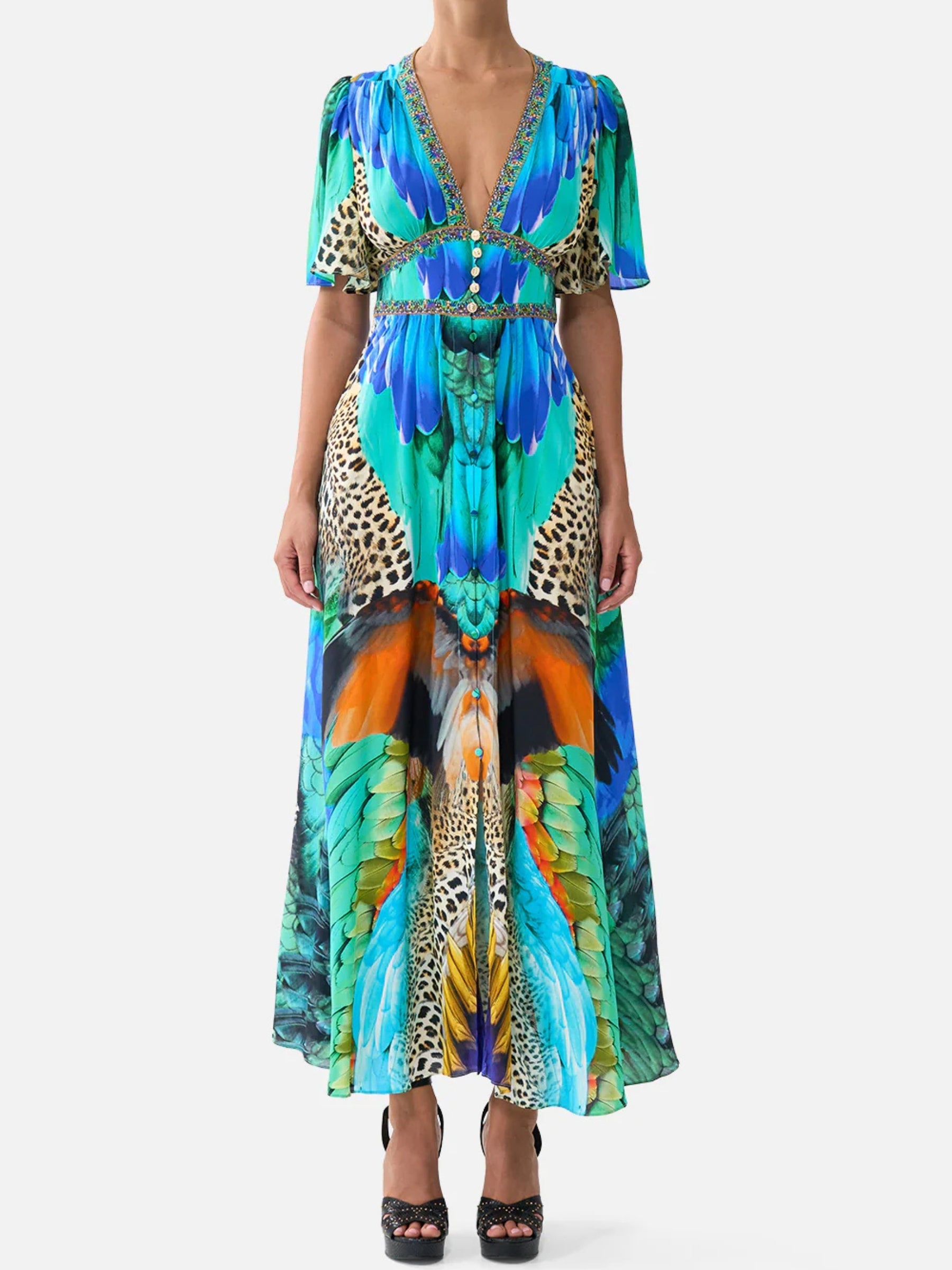Shaped Waistband Dress w/ Flutter Sleeve - Jungle Flight