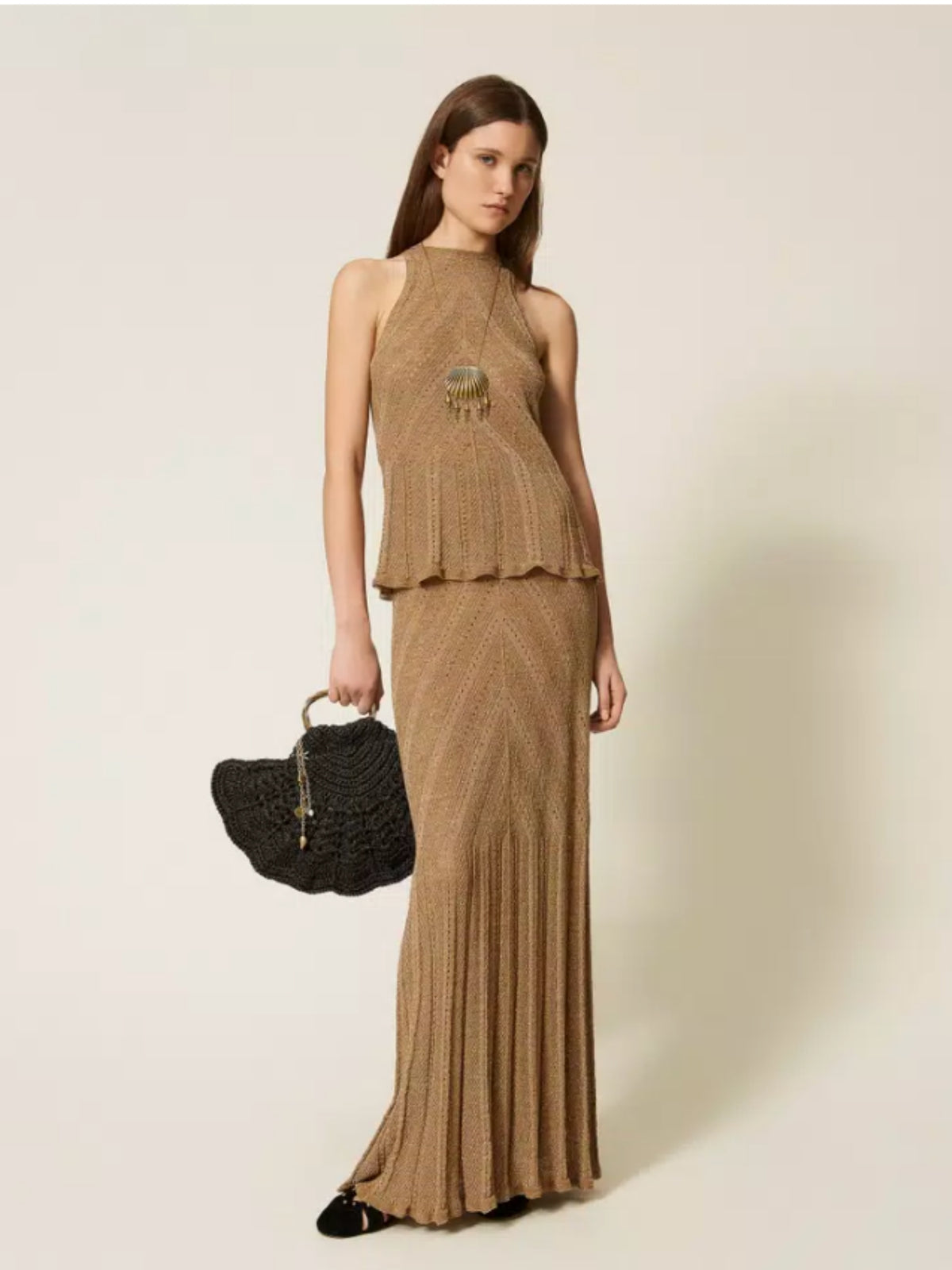 Knit Linen & Lurex Skirt - Golden by TWINSET — view 1