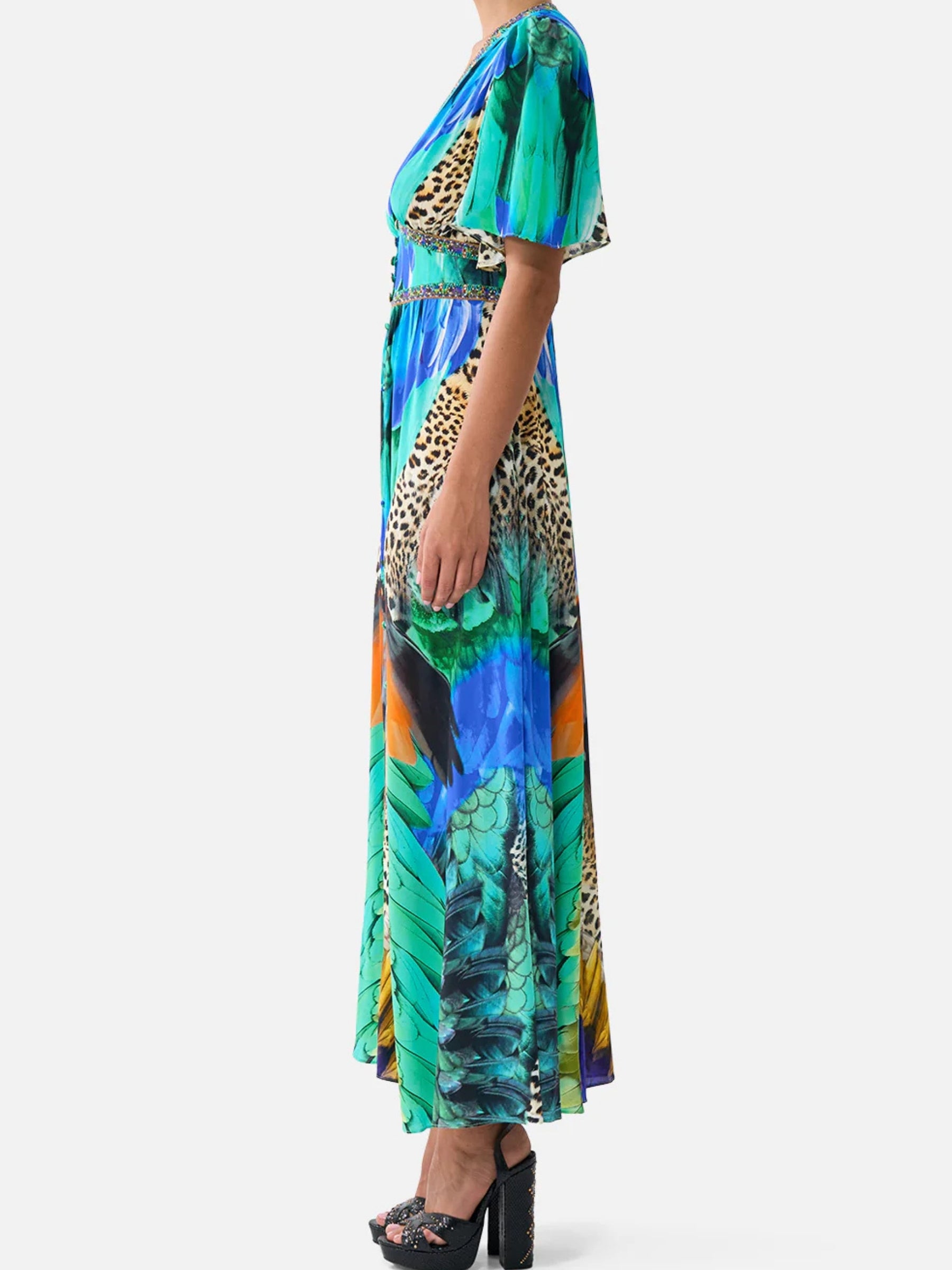 Shaped Waistband Dress w/ Flutter Sleeve - Jungle Flight
